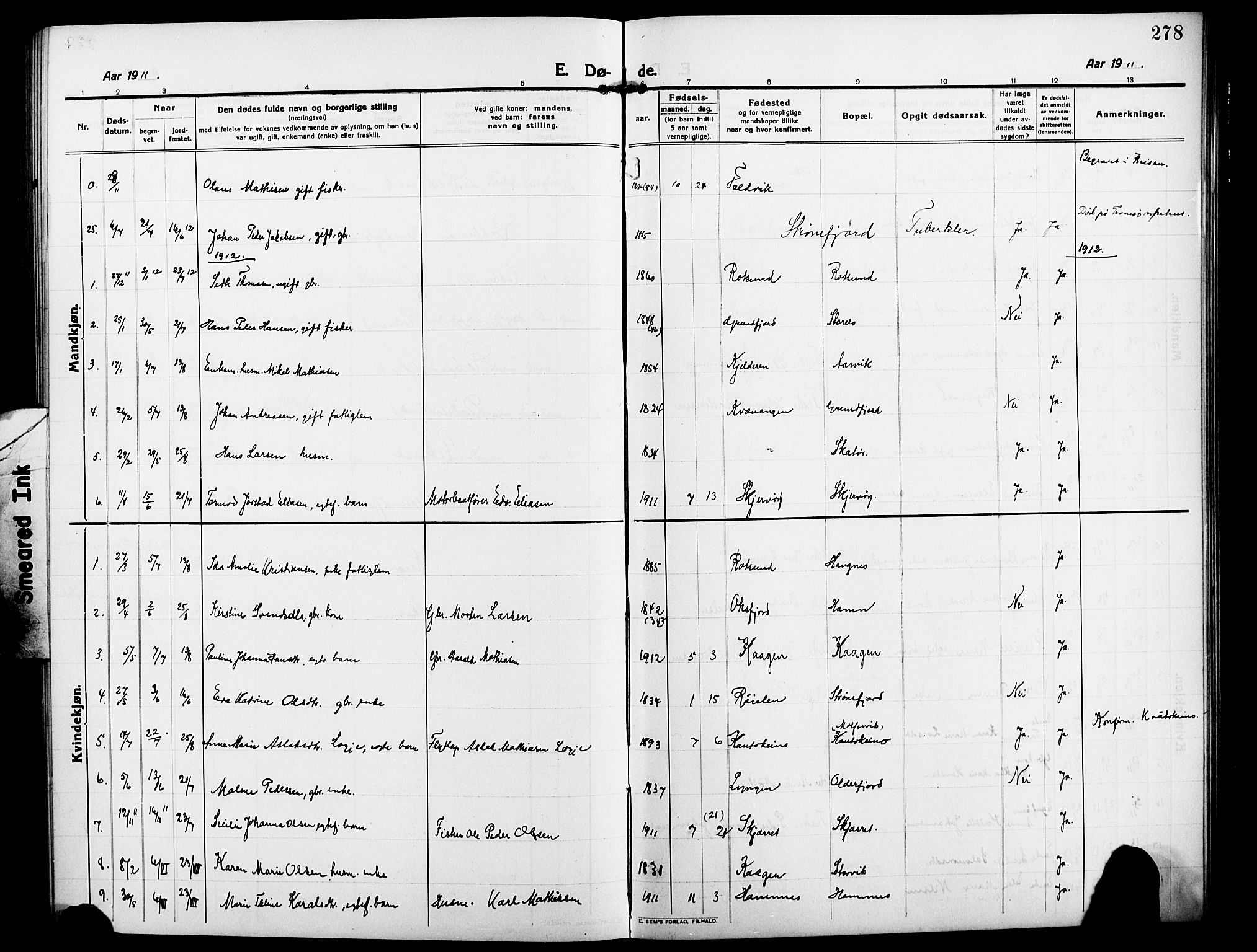 Skjervøy sokneprestkontor, SATØ/S-1300/H/Ha/Hab/L0009klokker: Parish register (copy) no. 9, 1911-1926, p. 278