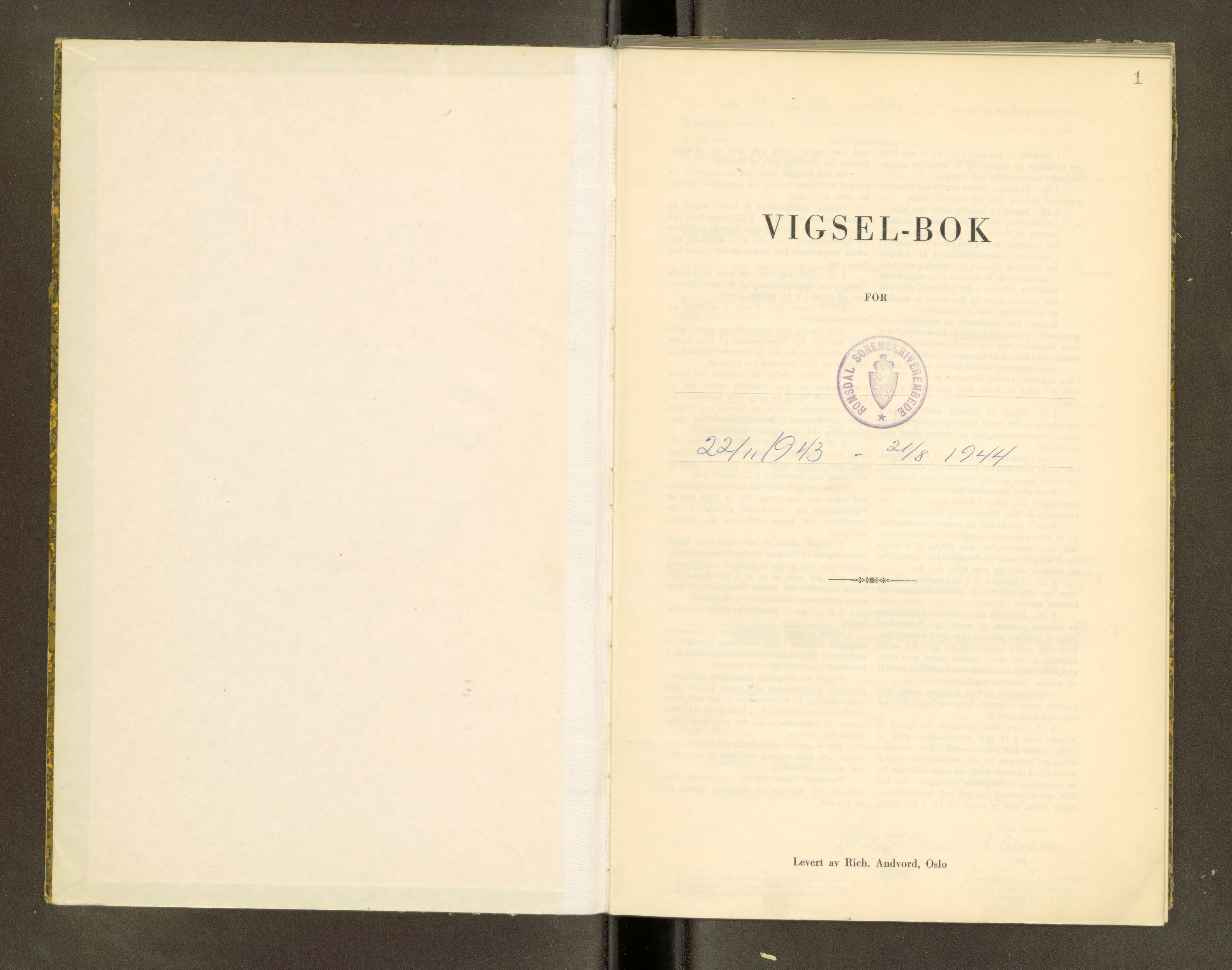 Romsdal sorenskriveri, SAT/A-4149/1/6/6D/L0007: Vigselbok, 1943-1944, p. 1