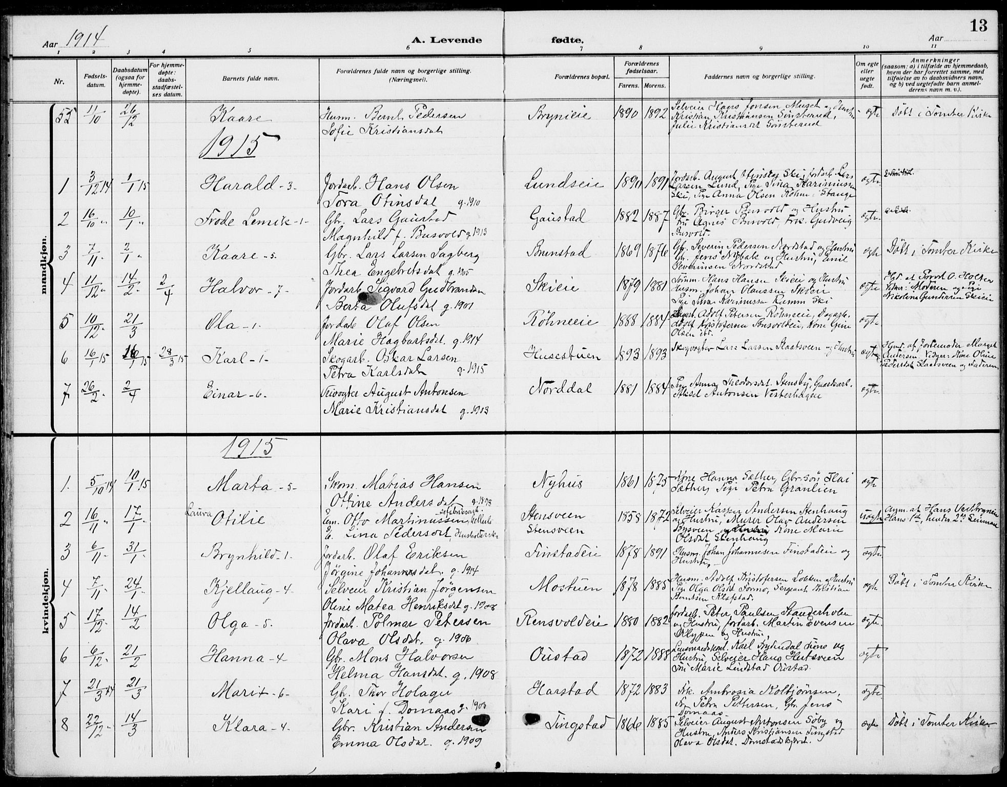 Romedal prestekontor, AV/SAH-PREST-004/K/L0012: Parish register (official) no. 12, 1913-1935, p. 13