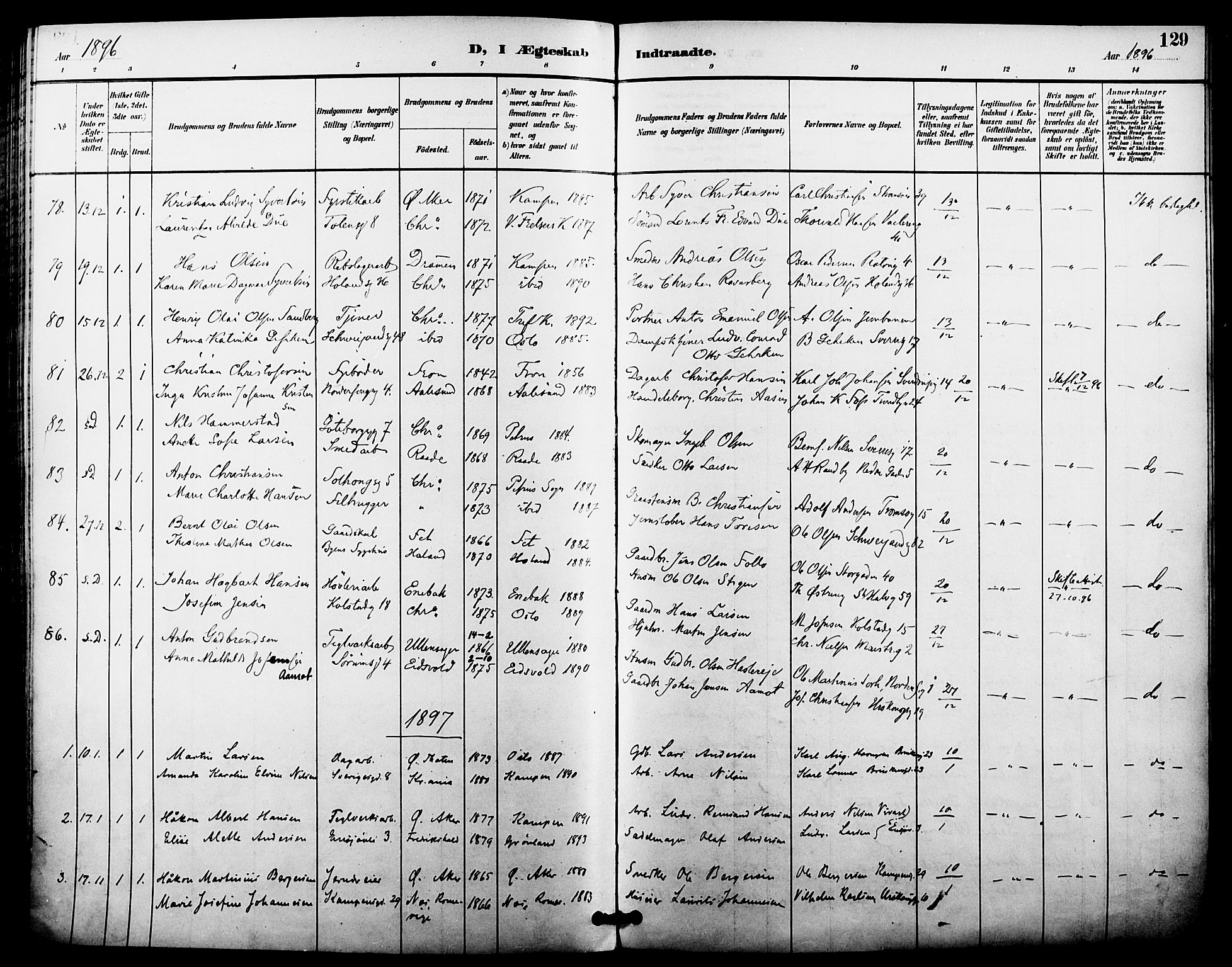 Kampen prestekontor Kirkebøker, SAO/A-10853/F/Fa/L0008: Parish register (official) no. I 8, 1892-1902, p. 129