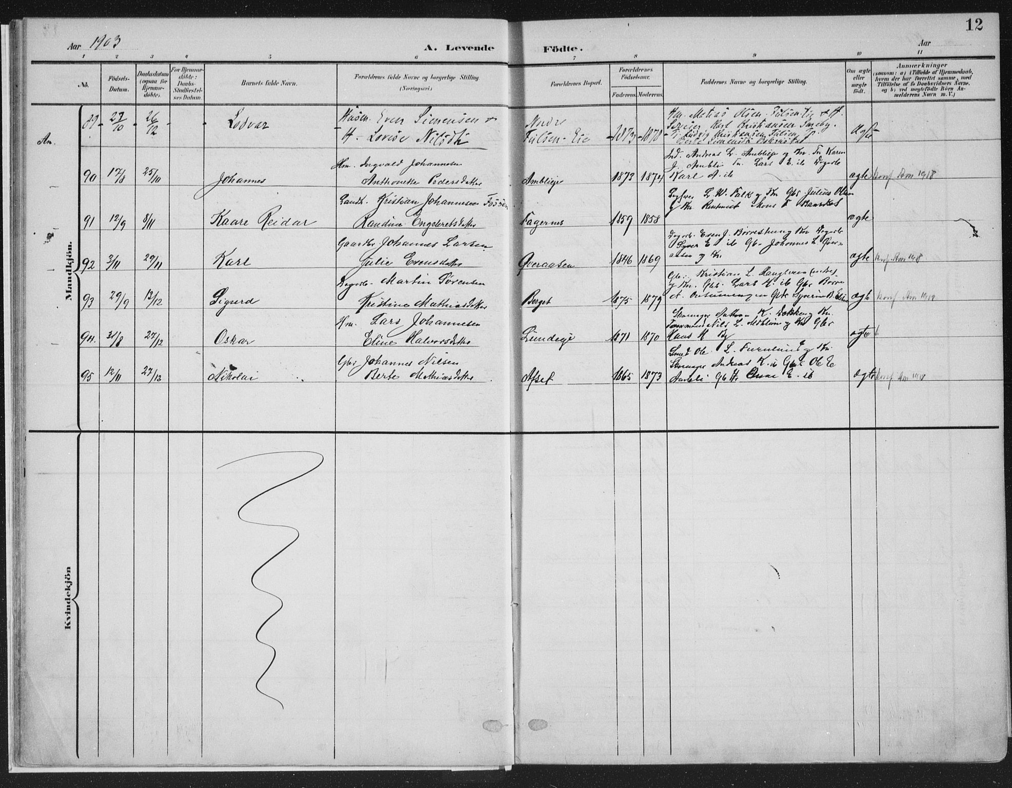 Ringsaker prestekontor, AV/SAH-PREST-014/K/Ka/L0018: Parish register (official) no. 18, 1903-1912, p. 12