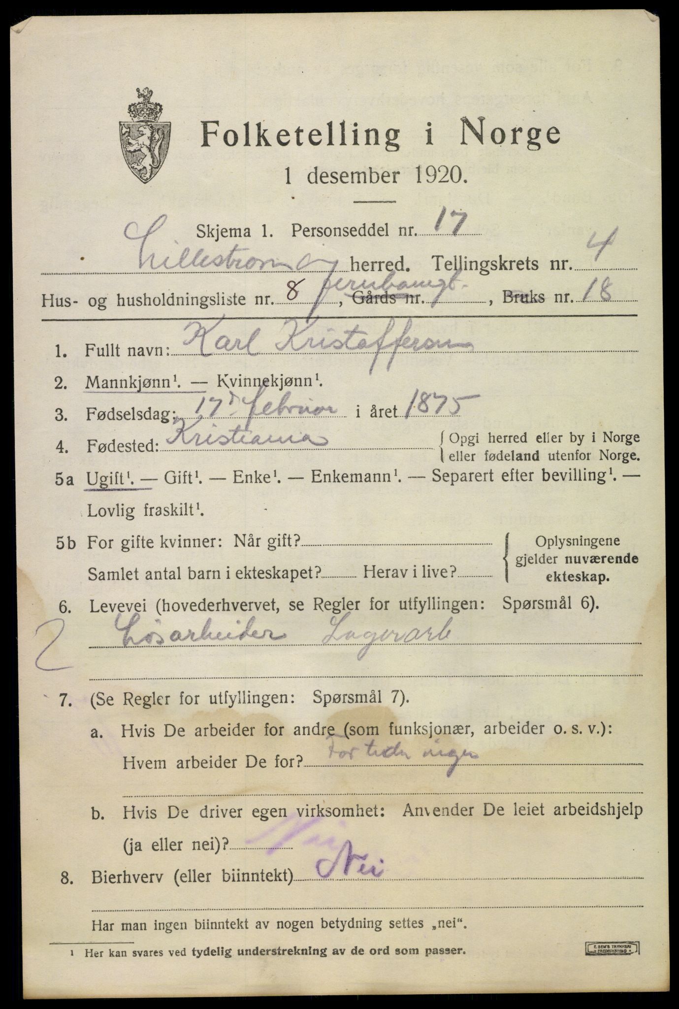 SAO, 1920 census for Lillestrøm, 1920, p. 11316