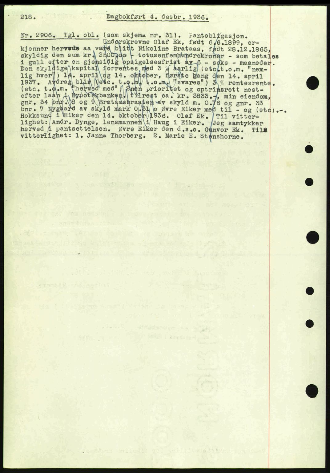 Eiker, Modum og Sigdal sorenskriveri, SAKO/A-123/G/Ga/Gab/L0034: Mortgage book no. A4, 1936-1937, Diary no: : 2906/1936
