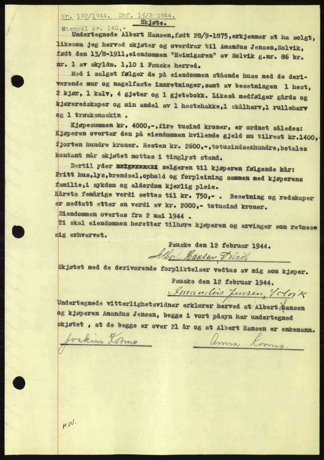 Salten sorenskriveri, AV/SAT-A-4578/1/2/2C: Mortgage book no. A14-15, 1943-1945, Diary no: : 192/1944