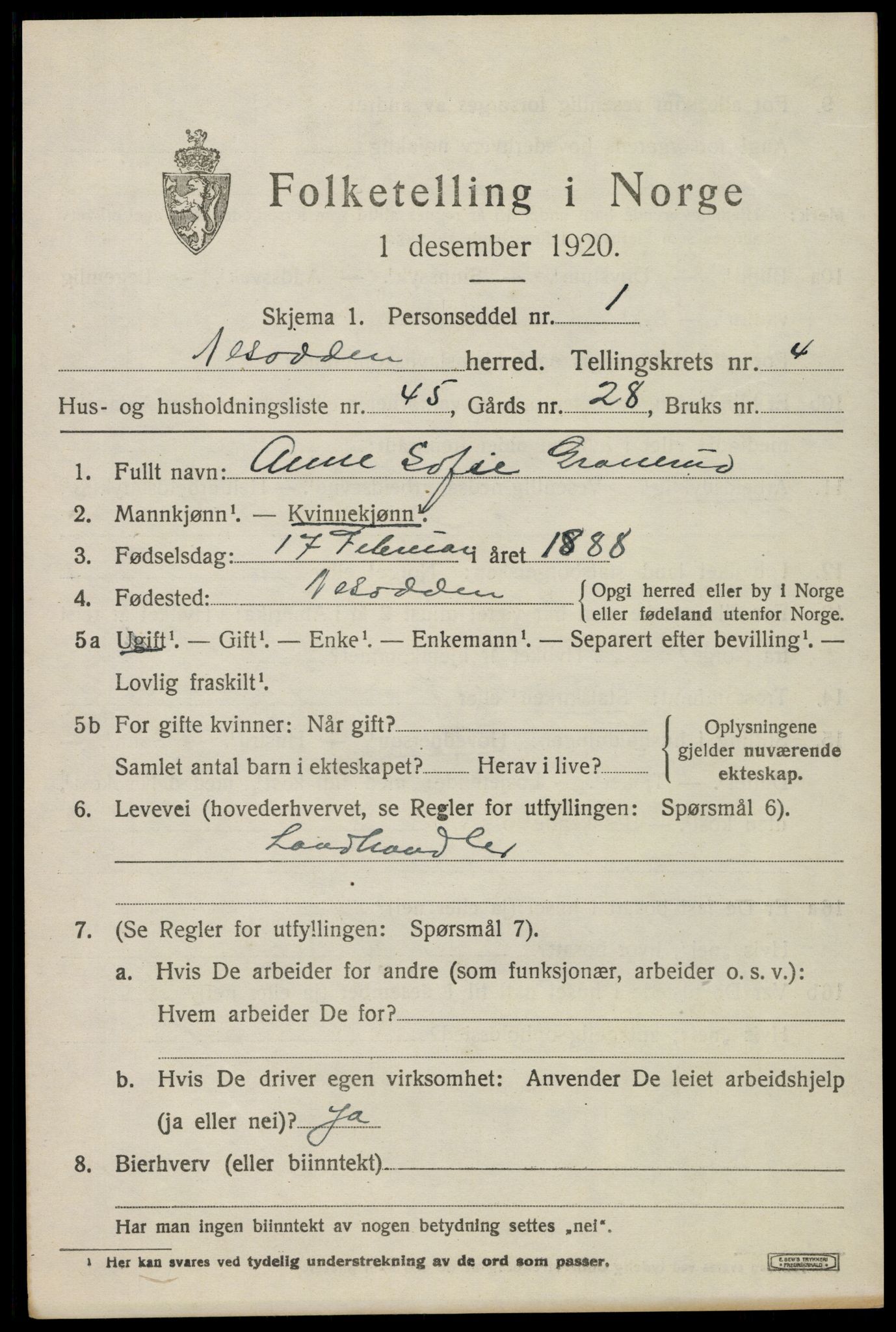 SAO, 1920 census for Nesodden, 1920, p. 4573