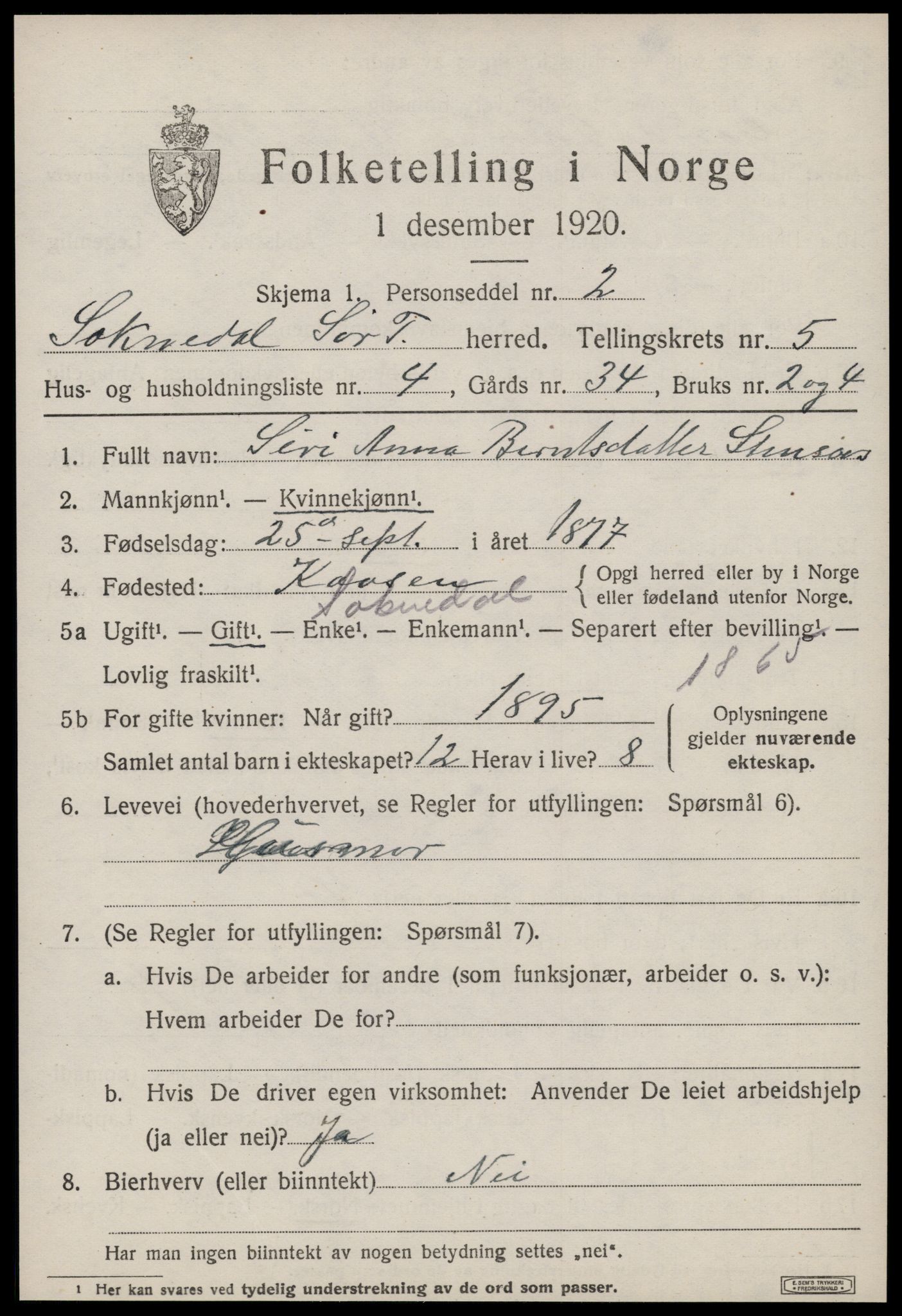 SAT, 1920 census for Soknedal, 1920, p. 2692