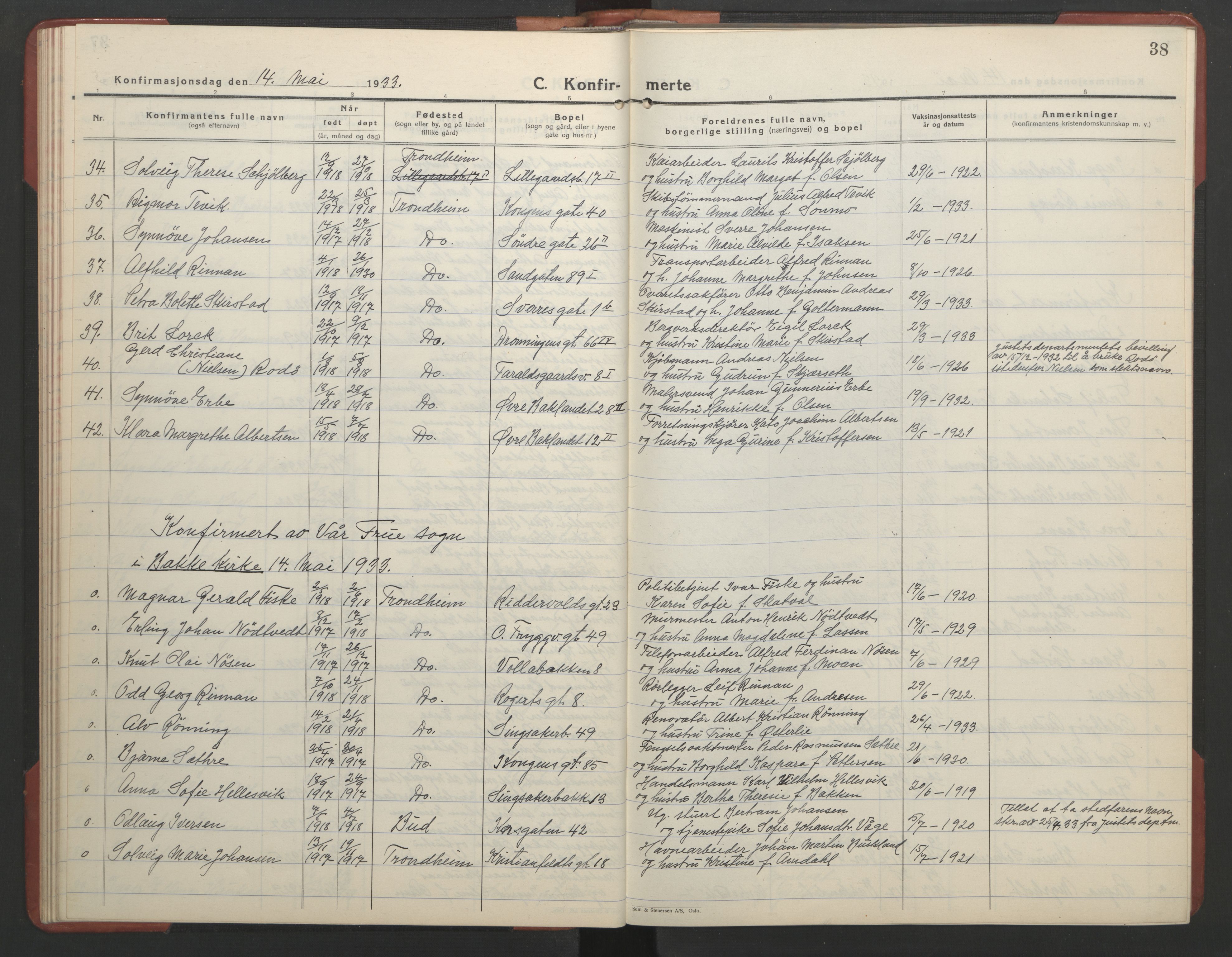 Ministerialprotokoller, klokkerbøker og fødselsregistre - Sør-Trøndelag, AV/SAT-A-1456/602/L0151: Parish register (copy) no. 602C19, 1925-1951, p. 38