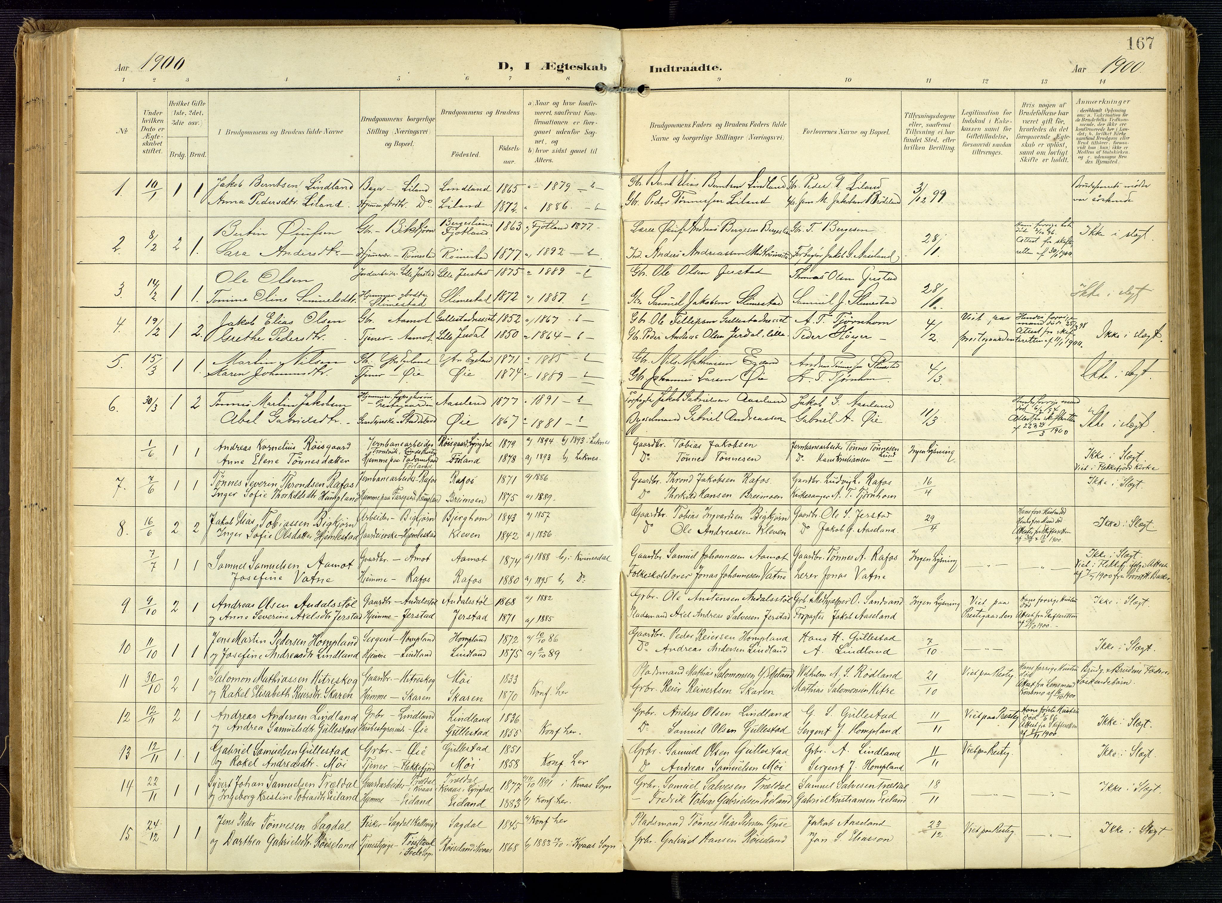 Kvinesdal sokneprestkontor, AV/SAK-1111-0026/F/Fa/Fab/L0009: Parish register (official) no. A 9, 1898-1915, p. 167