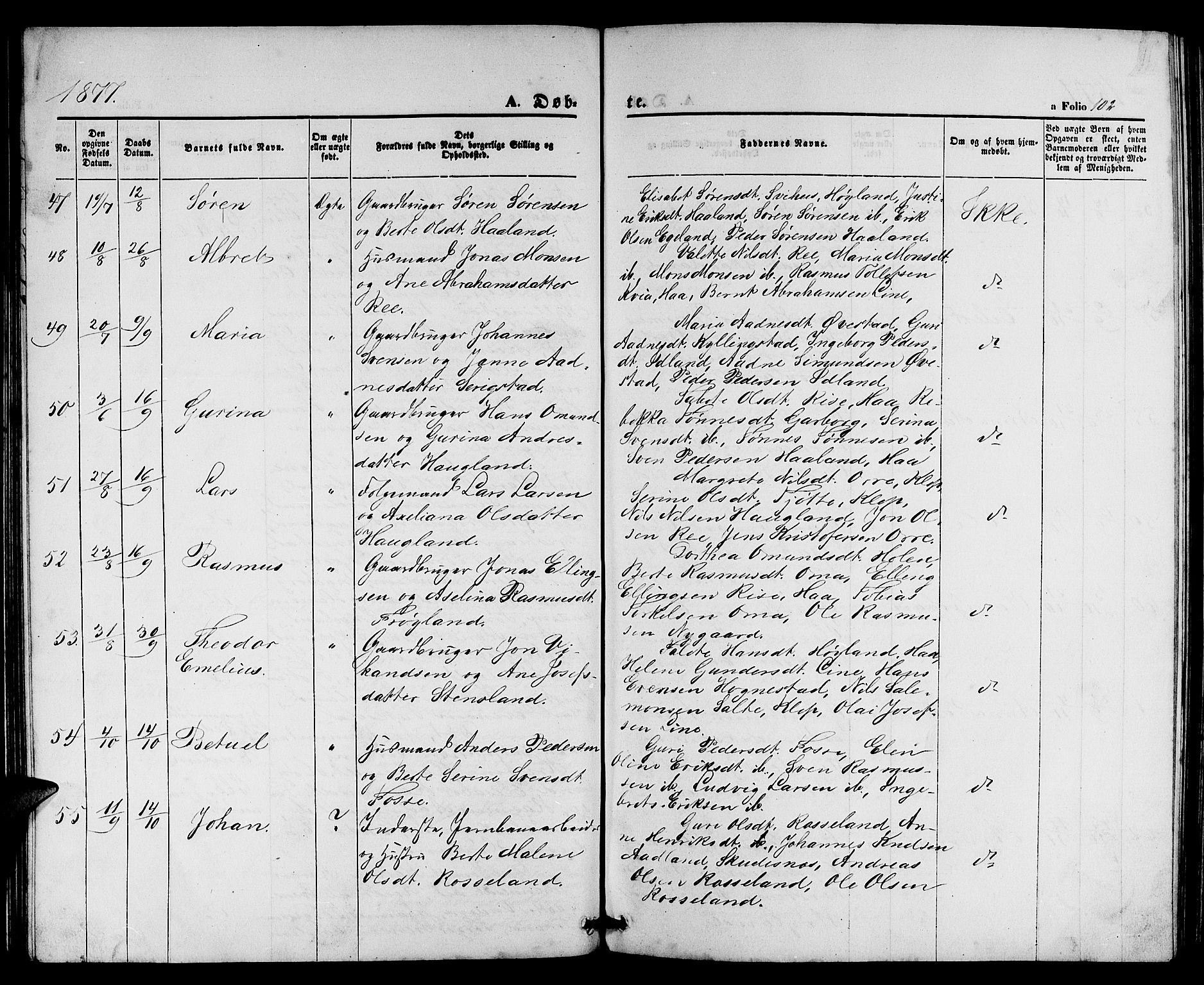 Lye sokneprestkontor, AV/SAST-A-101794/001/30BB/L0004: Parish register (copy) no. B 4, 1868-1878, p. 102