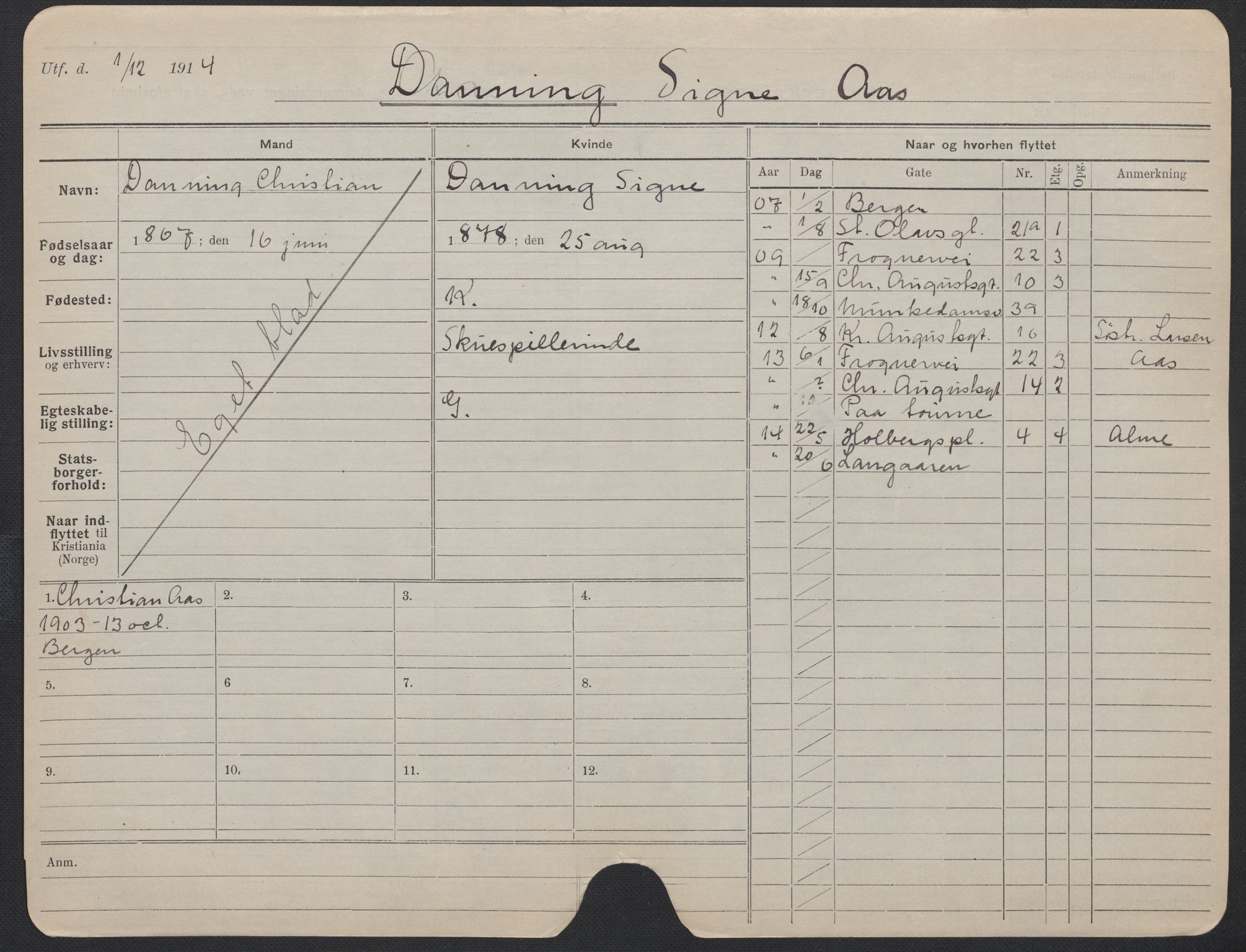 Oslo folkeregister, Registerkort, AV/SAO-A-11715/F/Fa/Fac/L0013: Kvinner, 1906-1914, p. 1231a