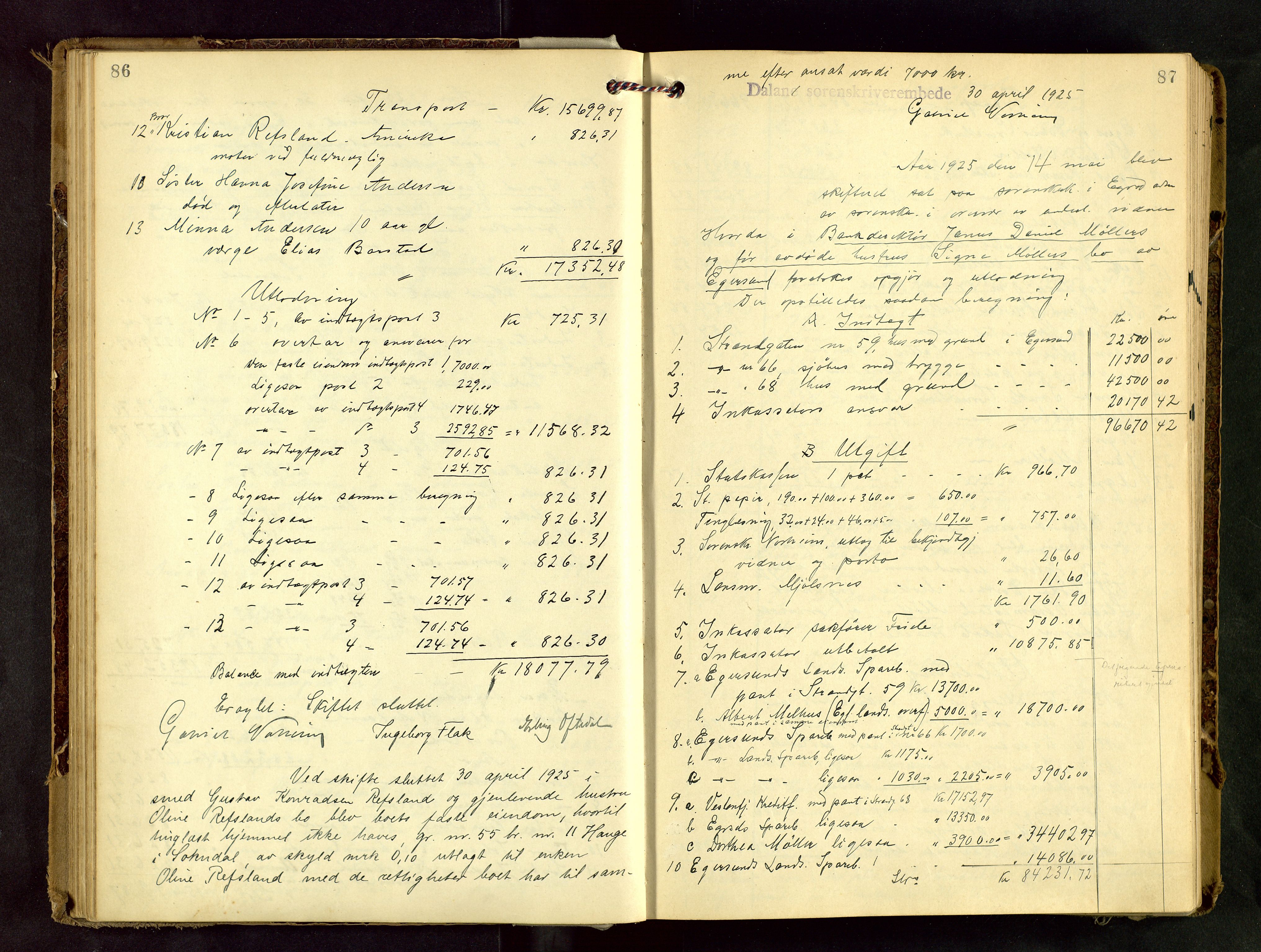 Dalane sorenskriveri, AV/SAST-A-100309/001/5/500/500BD/L0003: SKIFTEUTLODNINGSPROTOKOLL, 1923-1935, p. 86-87