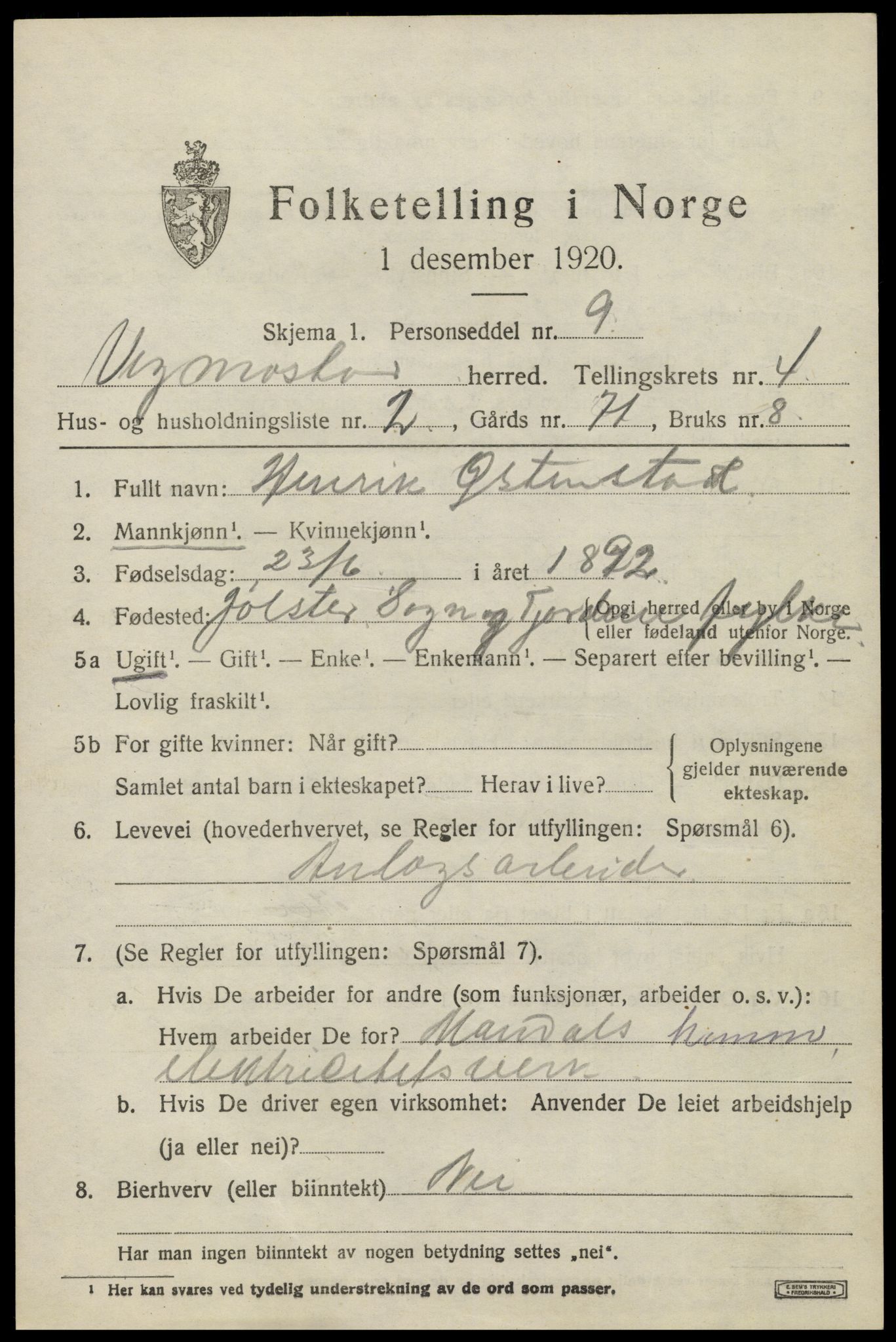 SAK, 1920 census for Vigmostad, 1920, p. 1229