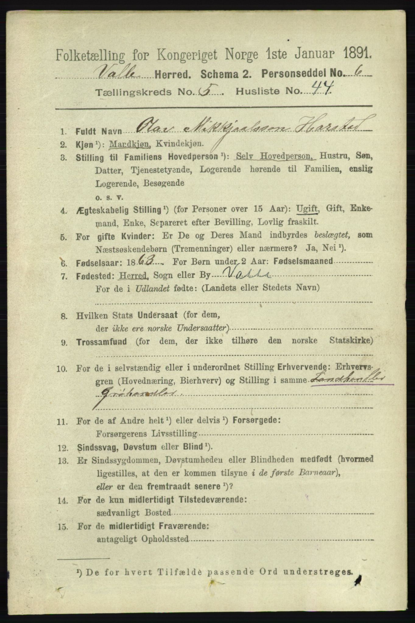 RA, 1891 census for 0940 Valle, 1891, p. 1632