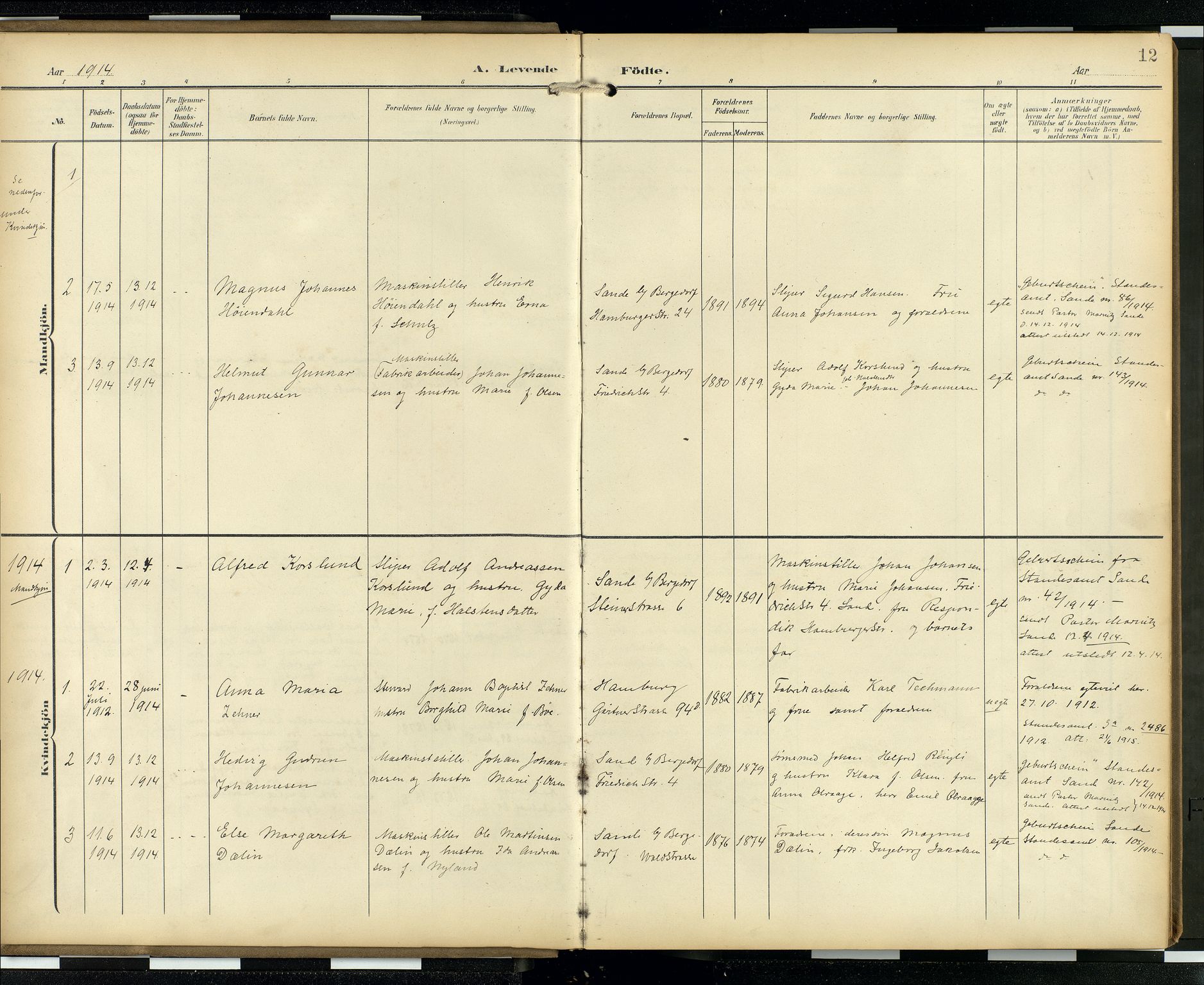 Den norske sjømannsmisjon i utlandet/Hamburg, AV/SAB-SAB/PA-0107/H/Ha/L0001: Parish register (official) no. A 1, 1907-1951, p. 11b-12a