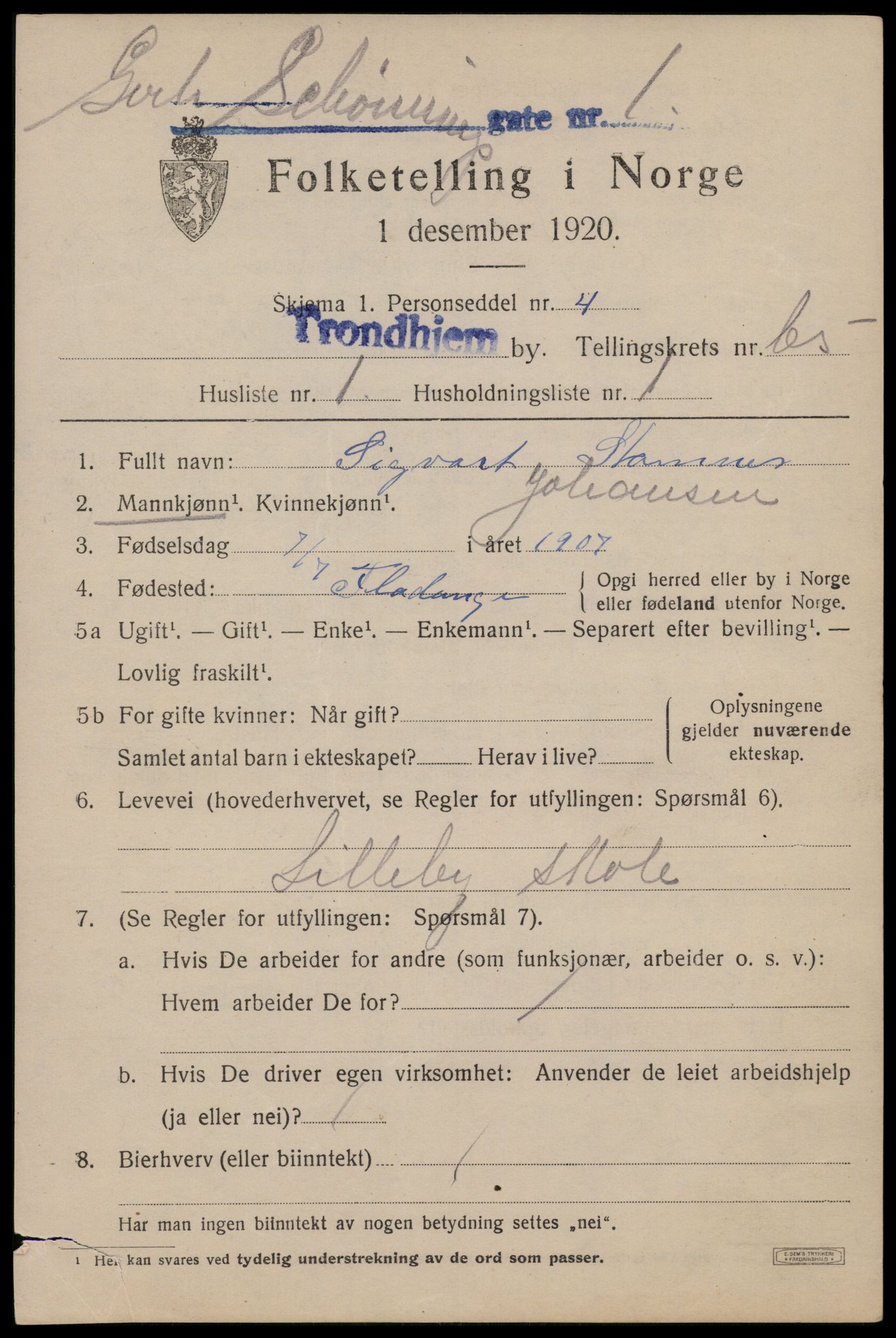 SAT, 1920 census for Trondheim, 1920, p. 128794