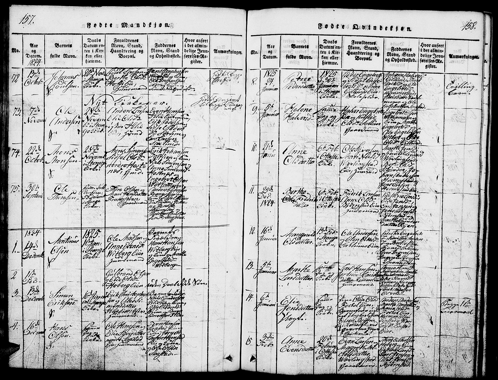 Stange prestekontor, SAH/PREST-002/L/L0001: Parish register (copy) no. 1, 1814-1825, p. 157-158