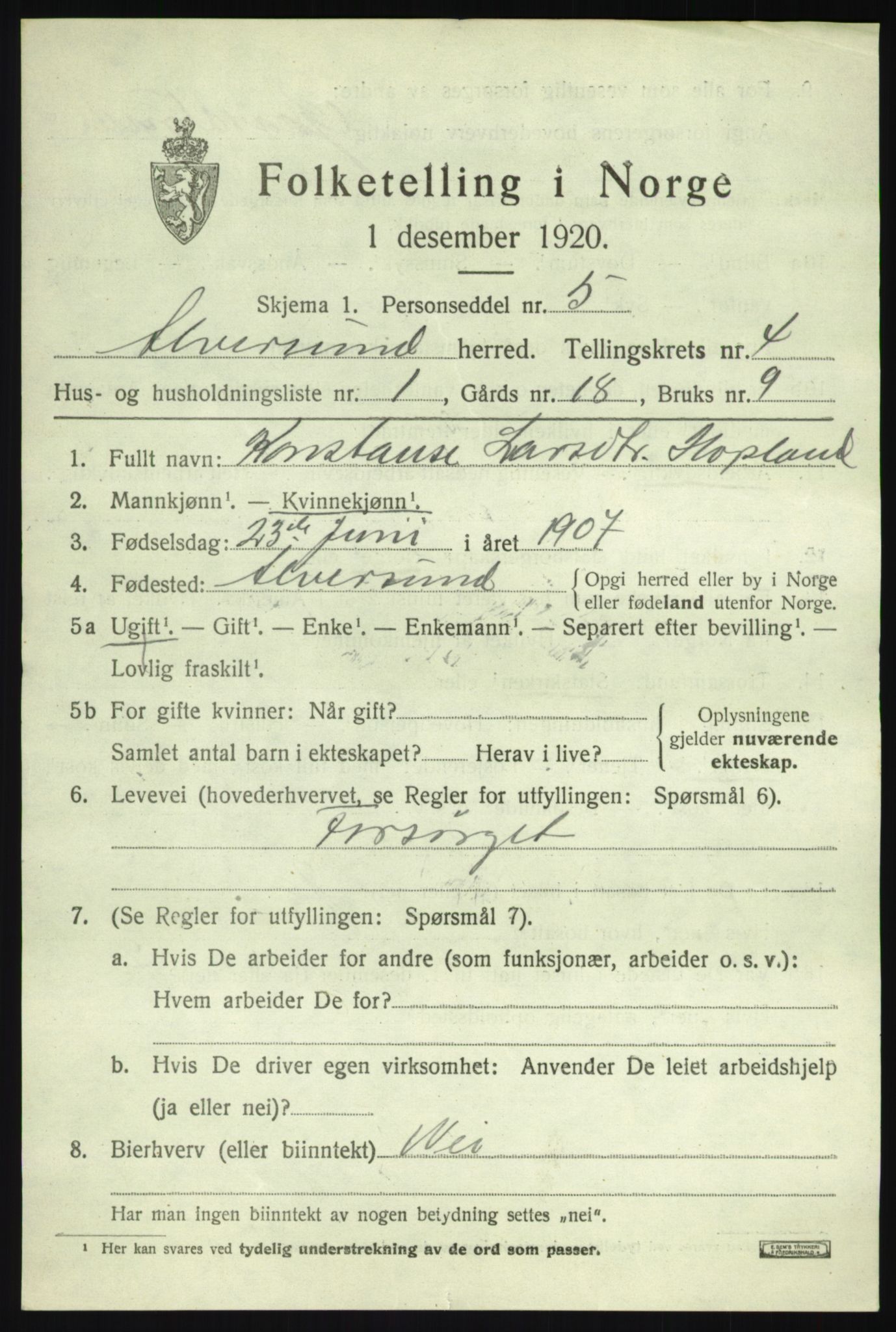 SAB, 1920 census for Alversund, 1920, p. 2666