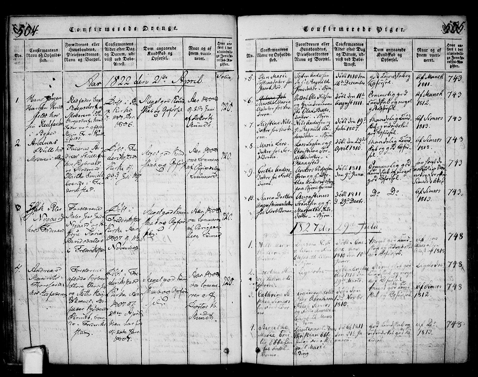 Fredrikstad prestekontor Kirkebøker, SAO/A-11082/F/Fa/L0004: Parish register (official) no. 4, 1816-1834, p. 504-505
