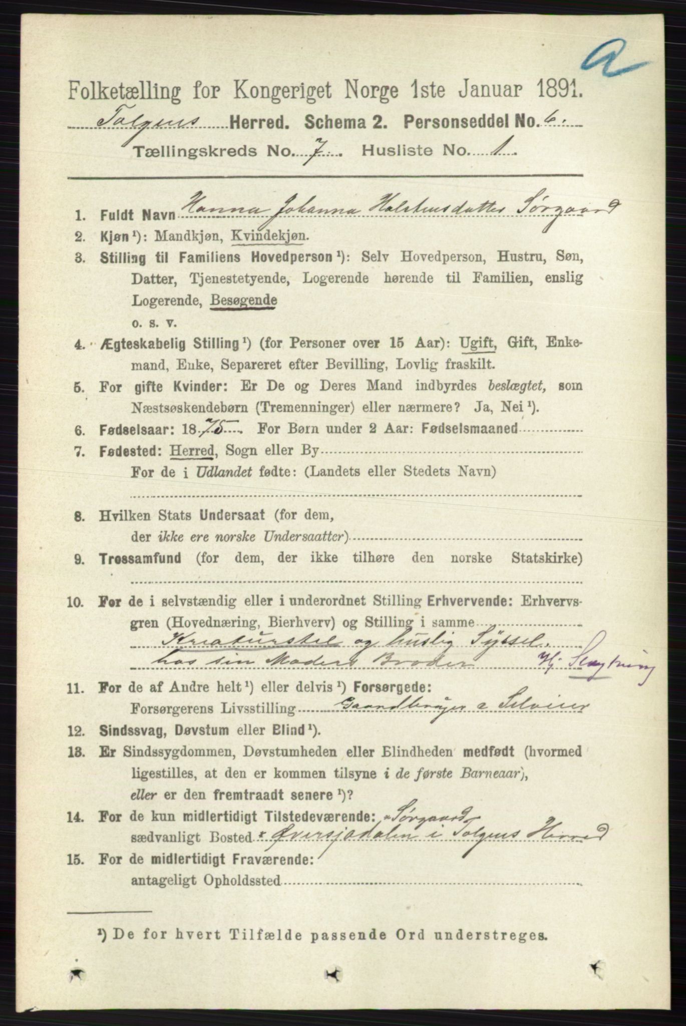 RA, 1891 census for 0436 Tolga, 1891, p. 2028