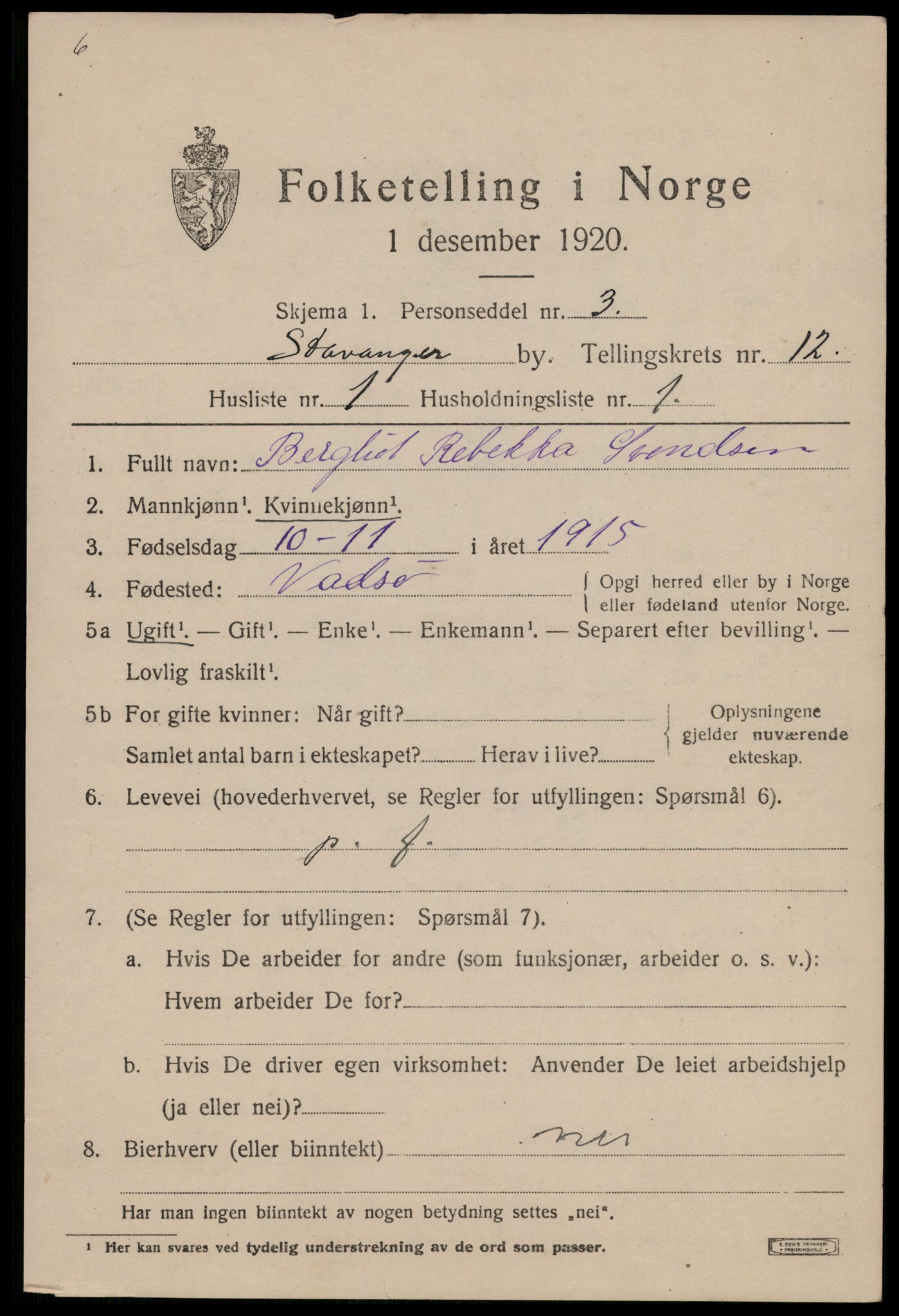 SAST, 1920 census for Stavanger, 1920, p. 56070