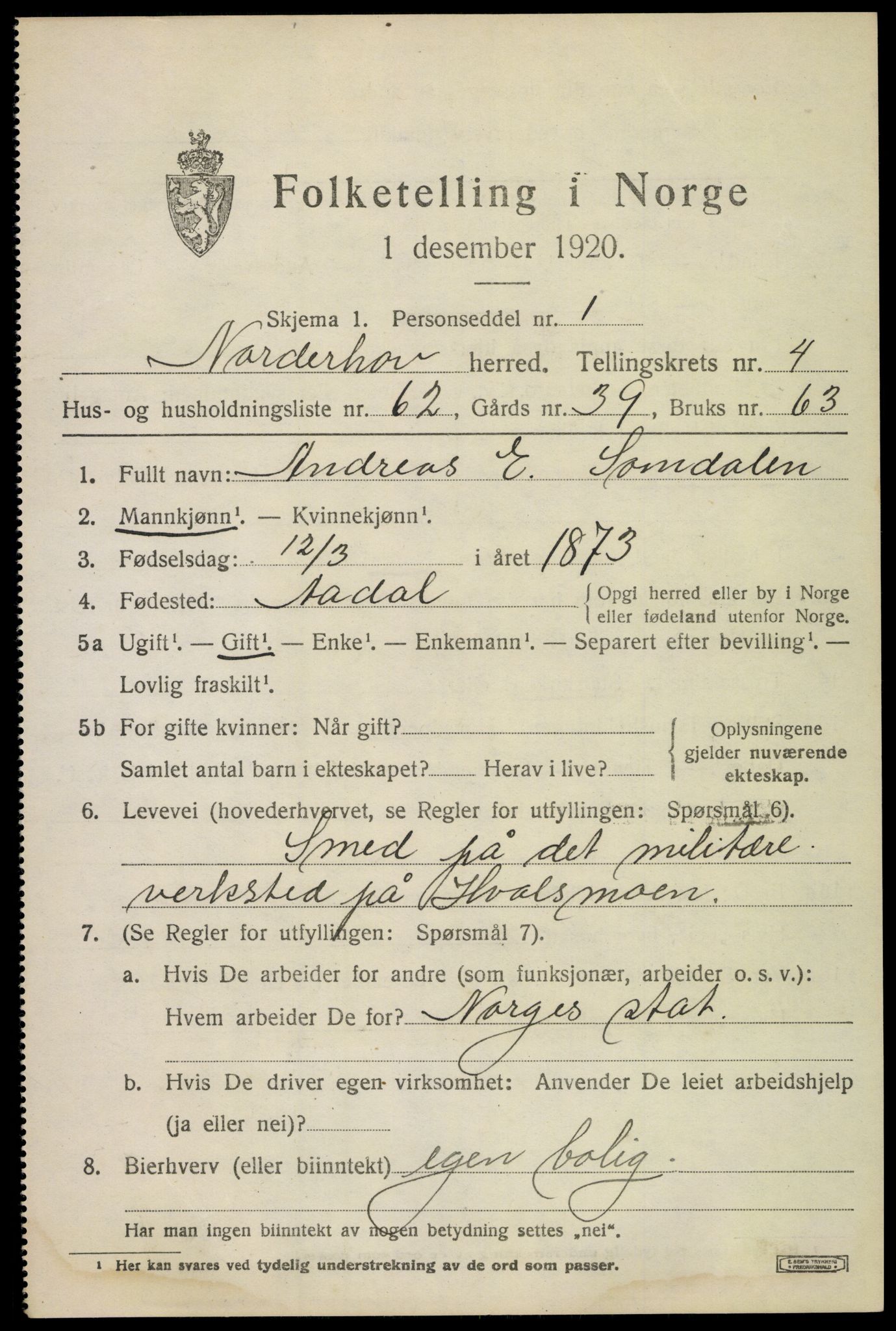 SAKO, 1920 census for Norderhov, 1920, p. 7041