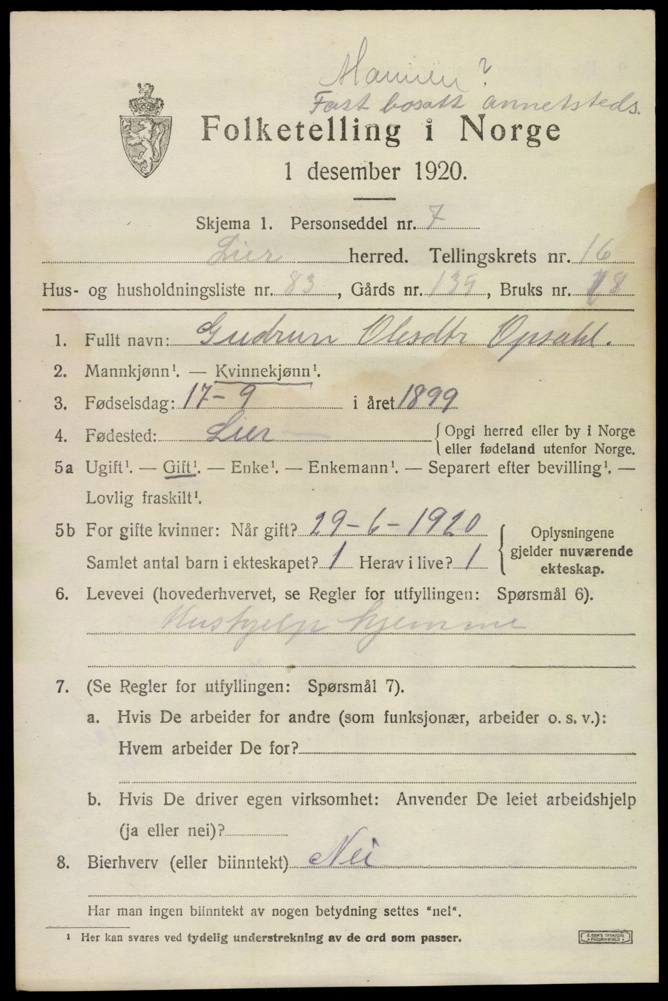 SAKO, 1920 census for Lier, 1920, p. 24362