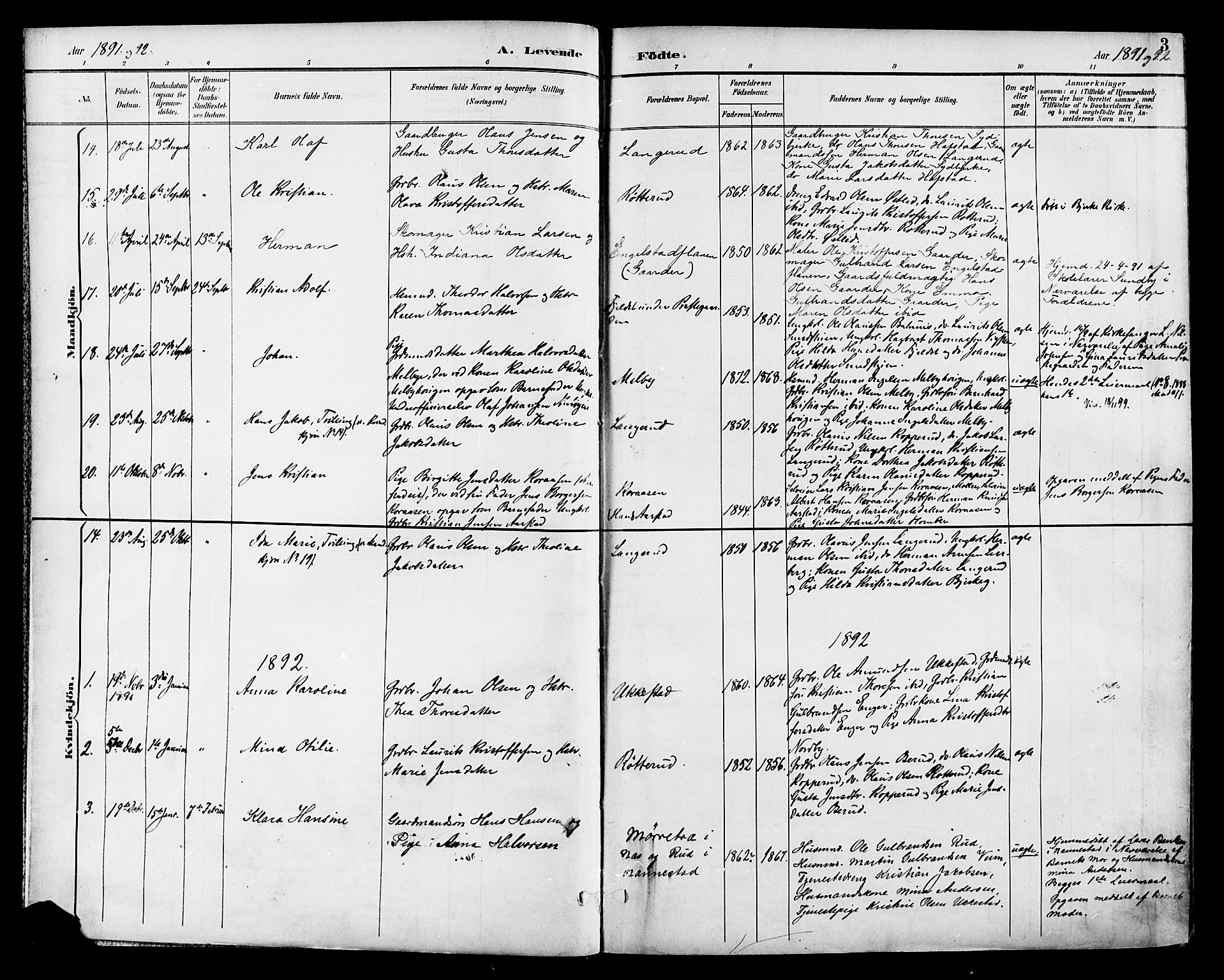 Nannestad prestekontor Kirkebøker, SAO/A-10414a/F/Fa/L0015: Parish register (official) no. I 15, 1891-1905, p. 3