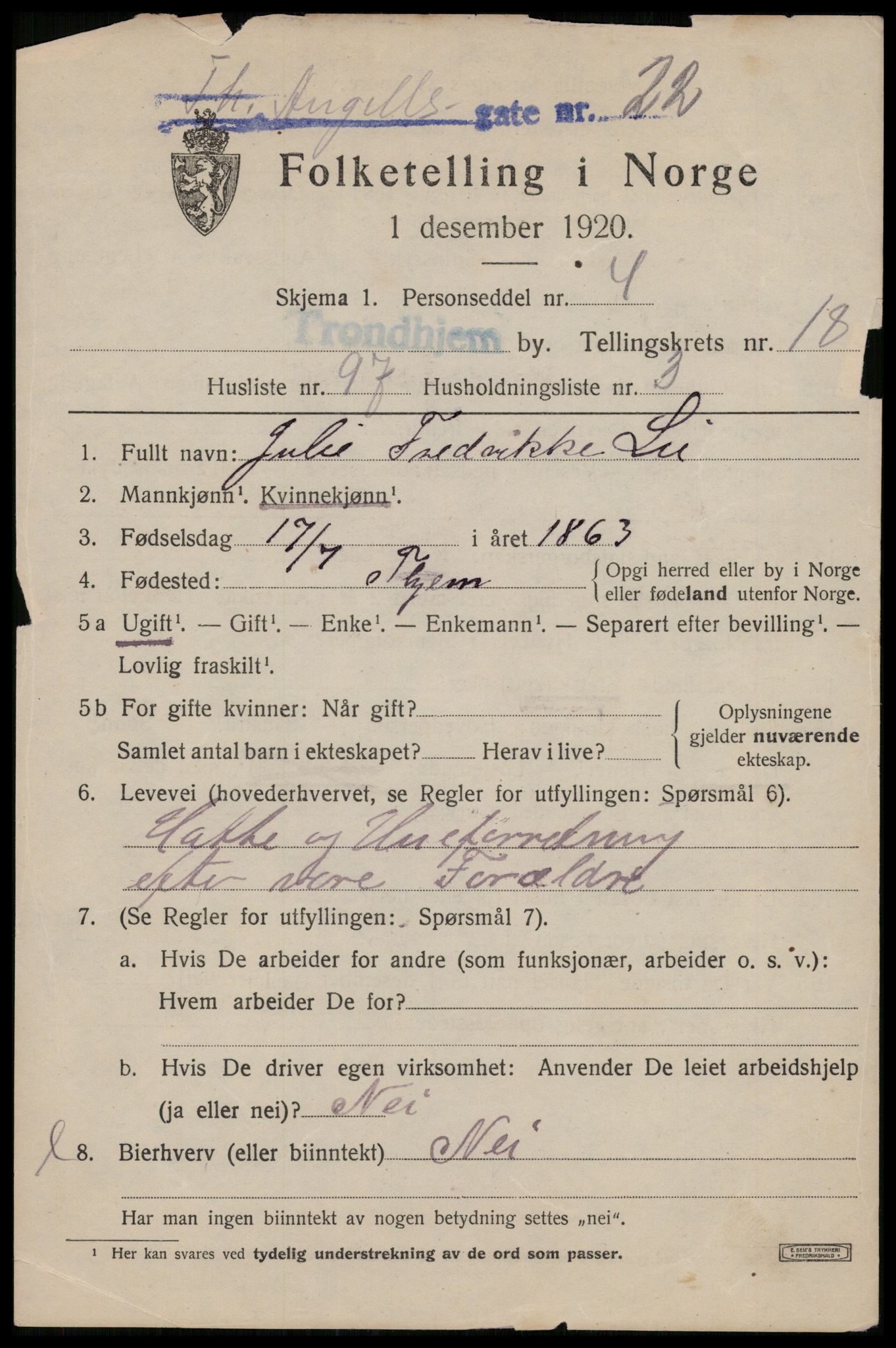 SAT, 1920 census for Trondheim, 1920, p. 58236