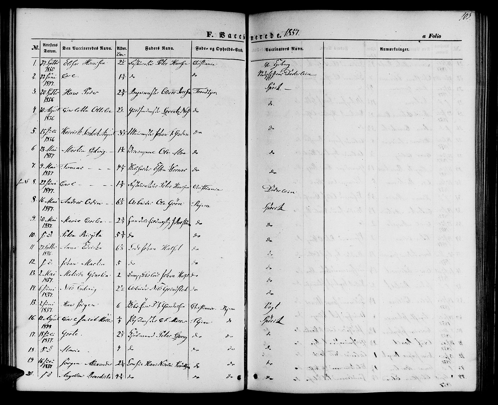 Ministerialprotokoller, klokkerbøker og fødselsregistre - Sør-Trøndelag, SAT/A-1456/602/L0113: Parish register (official) no. 602A11, 1849-1861, p. 103