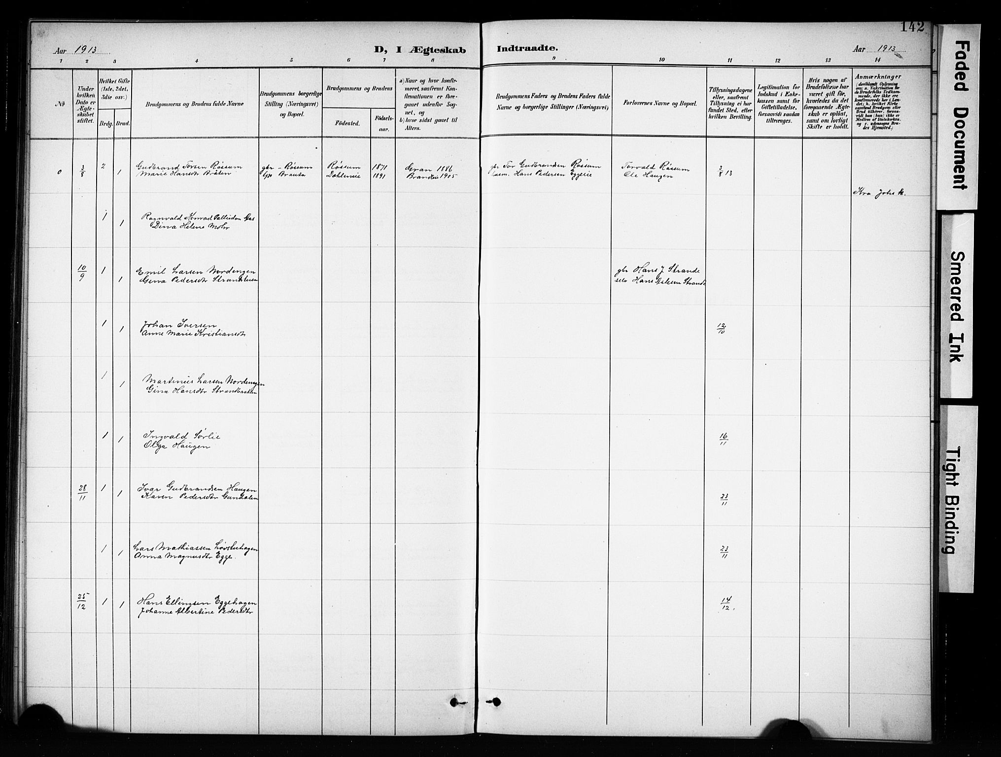 Brandbu prestekontor, SAH/PREST-114/H/Ha/Hab/L0005: Parish register (copy) no. 5, 1900-1913, p. 142