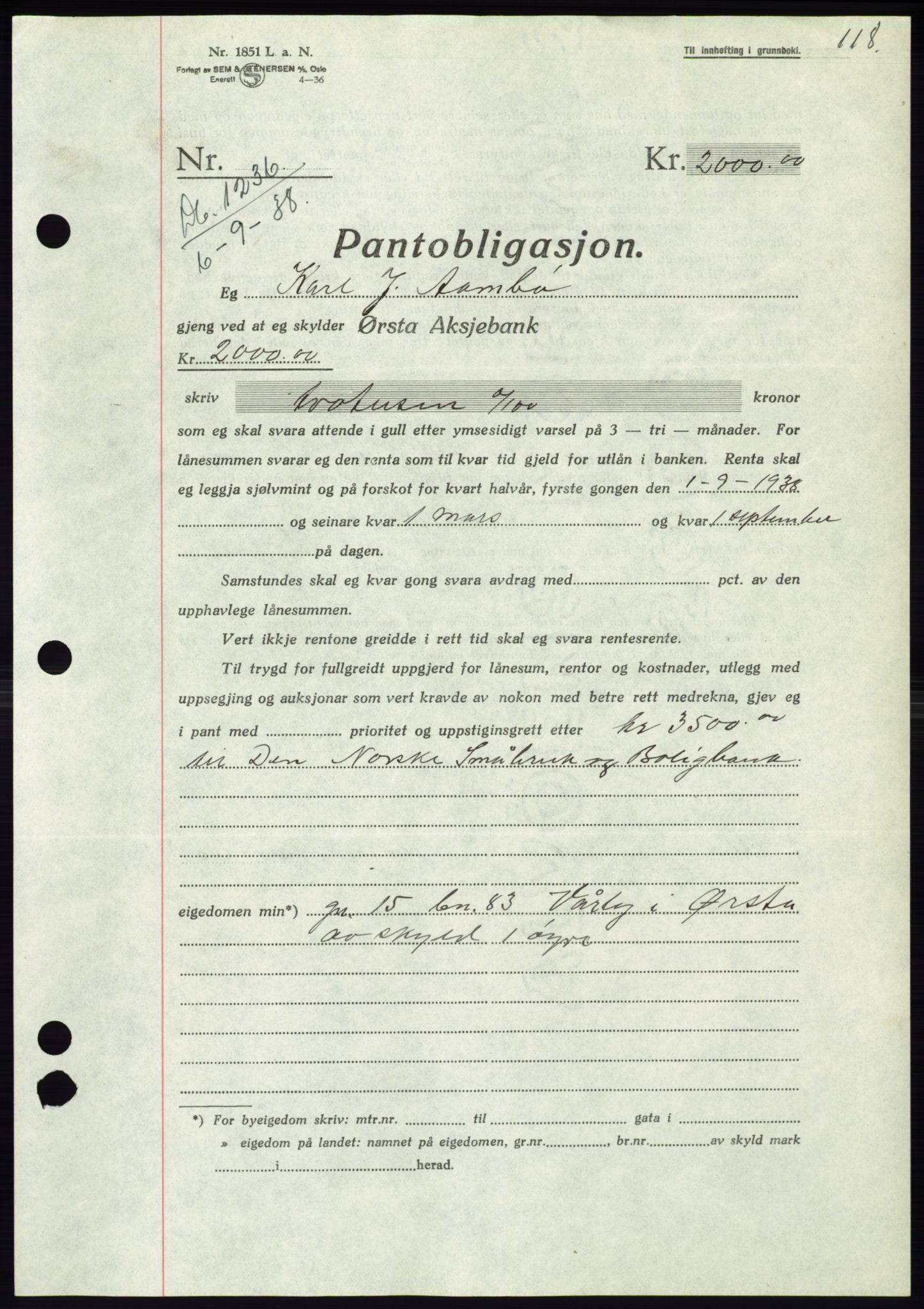 Søre Sunnmøre sorenskriveri, AV/SAT-A-4122/1/2/2C/L0066: Mortgage book no. 60, 1938-1938, Diary no: : 1236/1938