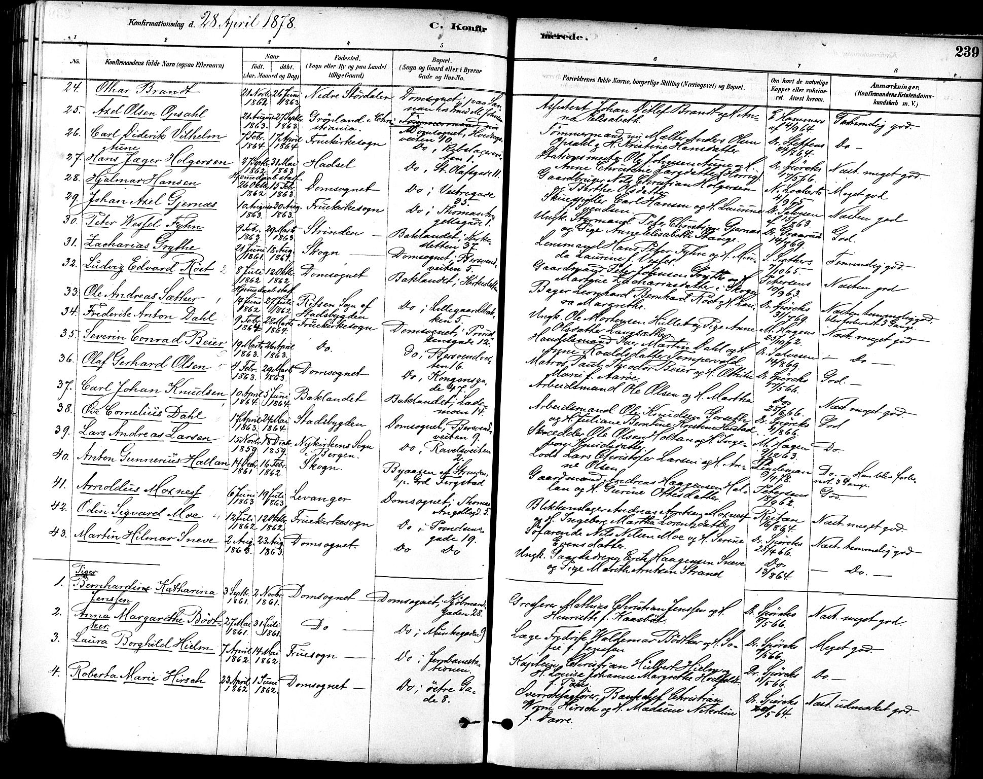 Ministerialprotokoller, klokkerbøker og fødselsregistre - Sør-Trøndelag, SAT/A-1456/601/L0057: Parish register (official) no. 601A25, 1877-1891, p. 239