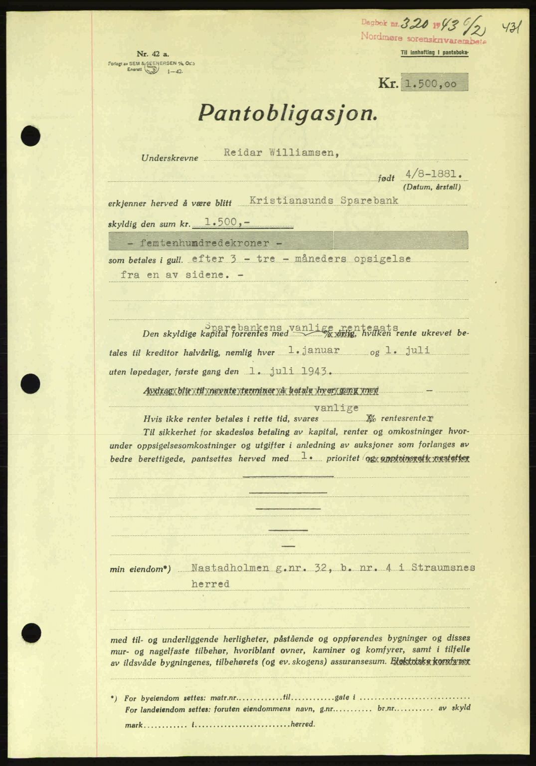 Nordmøre sorenskriveri, AV/SAT-A-4132/1/2/2Ca: Mortgage book no. B90, 1942-1943, Diary no: : 320/1943