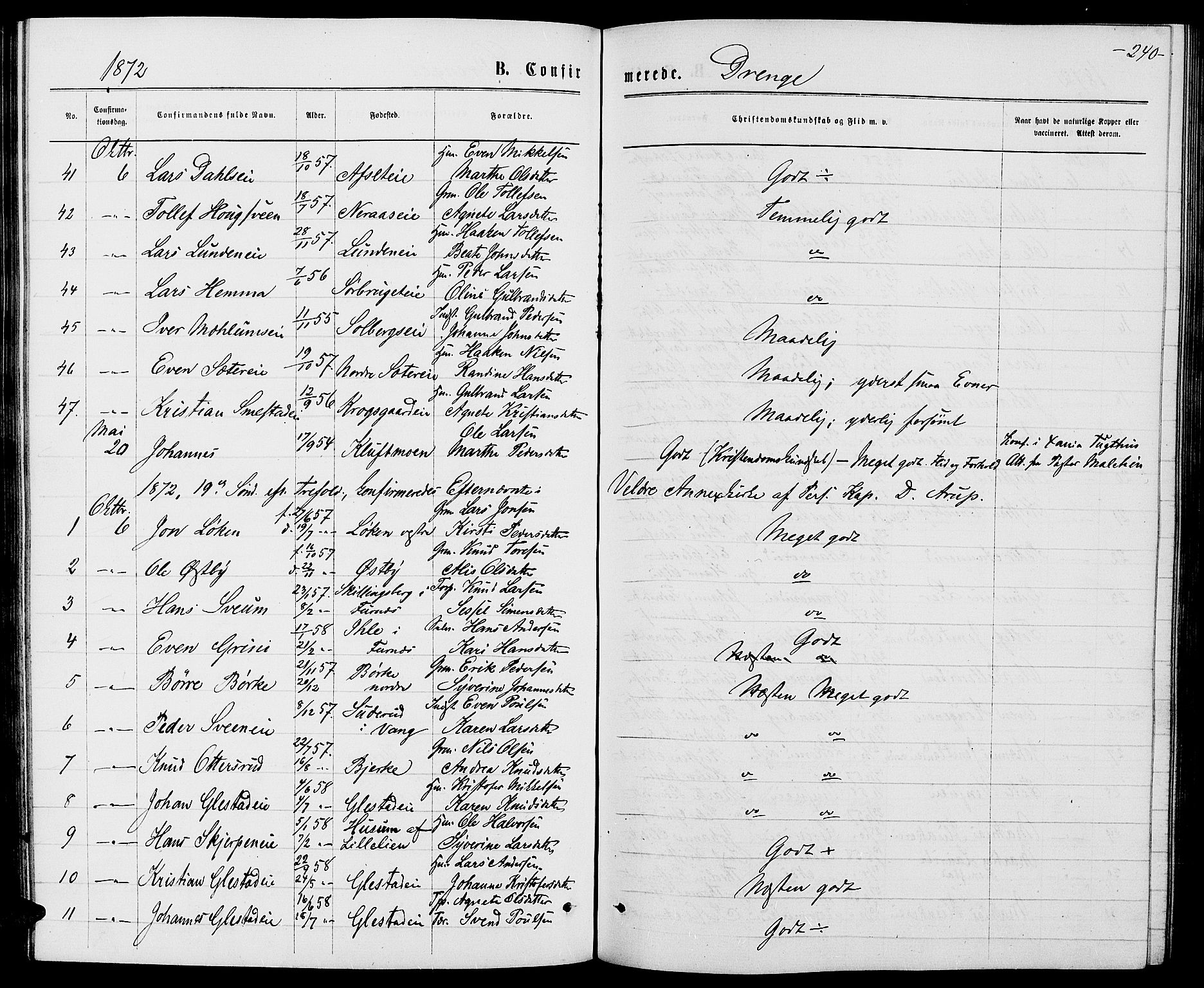 Ringsaker prestekontor, AV/SAH-PREST-014/L/La/L0008: Parish register (copy) no. 8, 1870-1878, p. 240