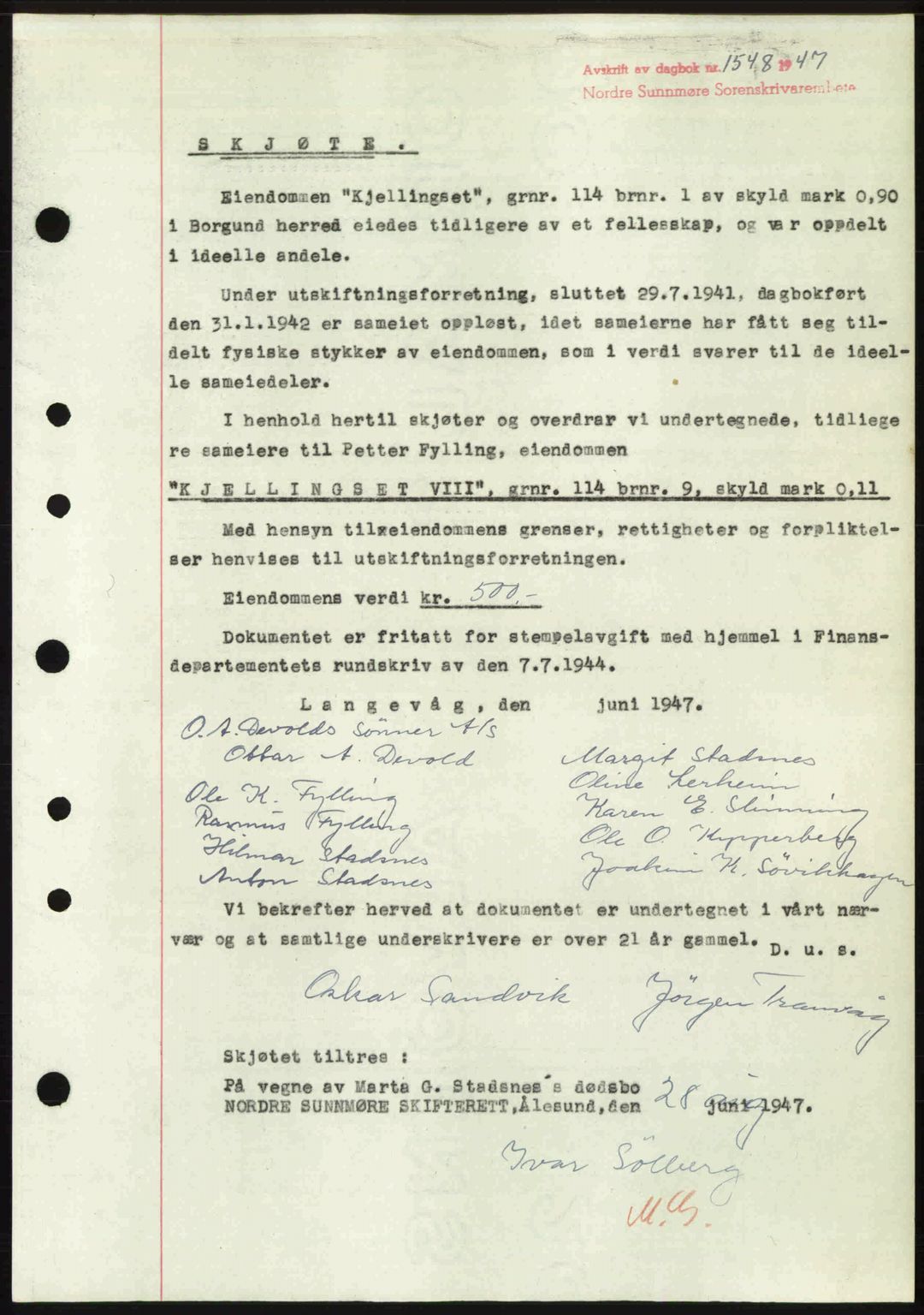 Nordre Sunnmøre sorenskriveri, AV/SAT-A-0006/1/2/2C/2Ca: Mortgage book no. A25, 1947-1947, Diary no: : 1548/1947