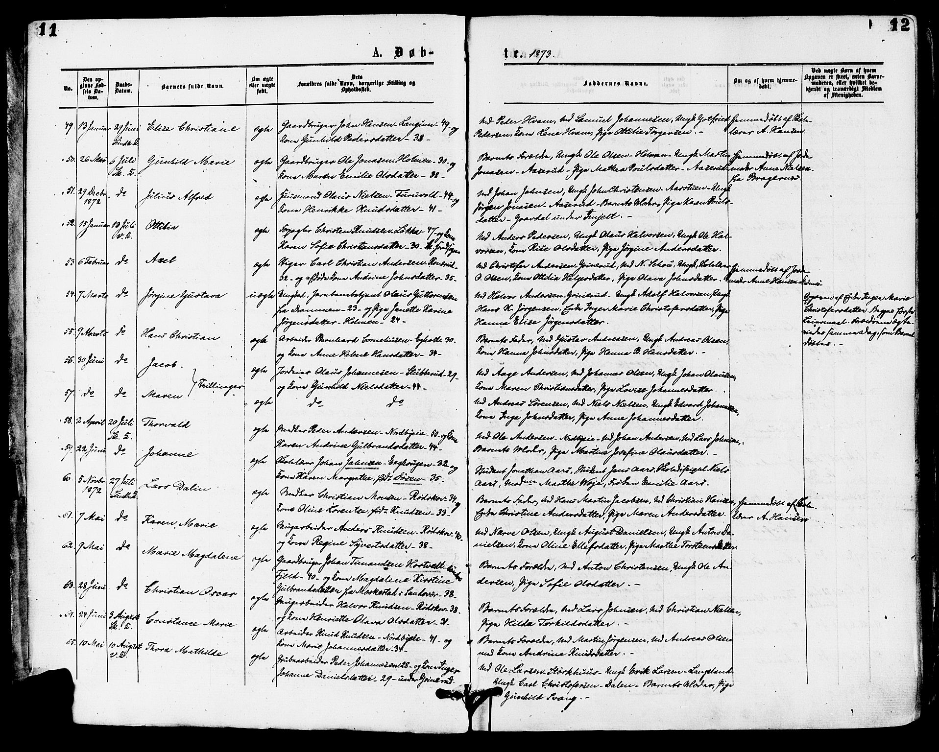 Skoger kirkebøker, AV/SAKO-A-59/F/Fa/L0005: Parish register (official) no. I 5, 1873-1884, p. 11-12