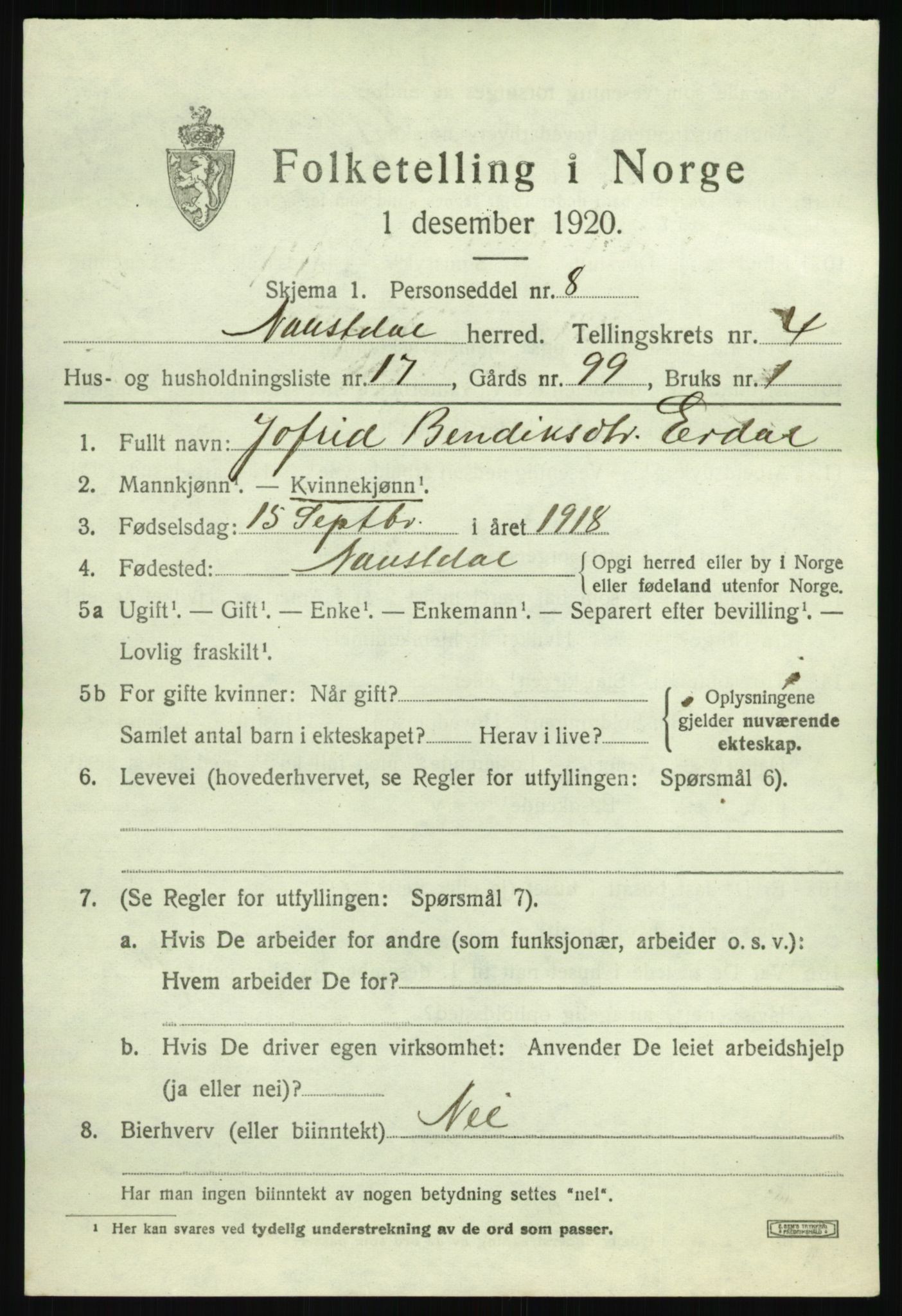 SAB, 1920 census for Naustdal, 1920, p. 2525