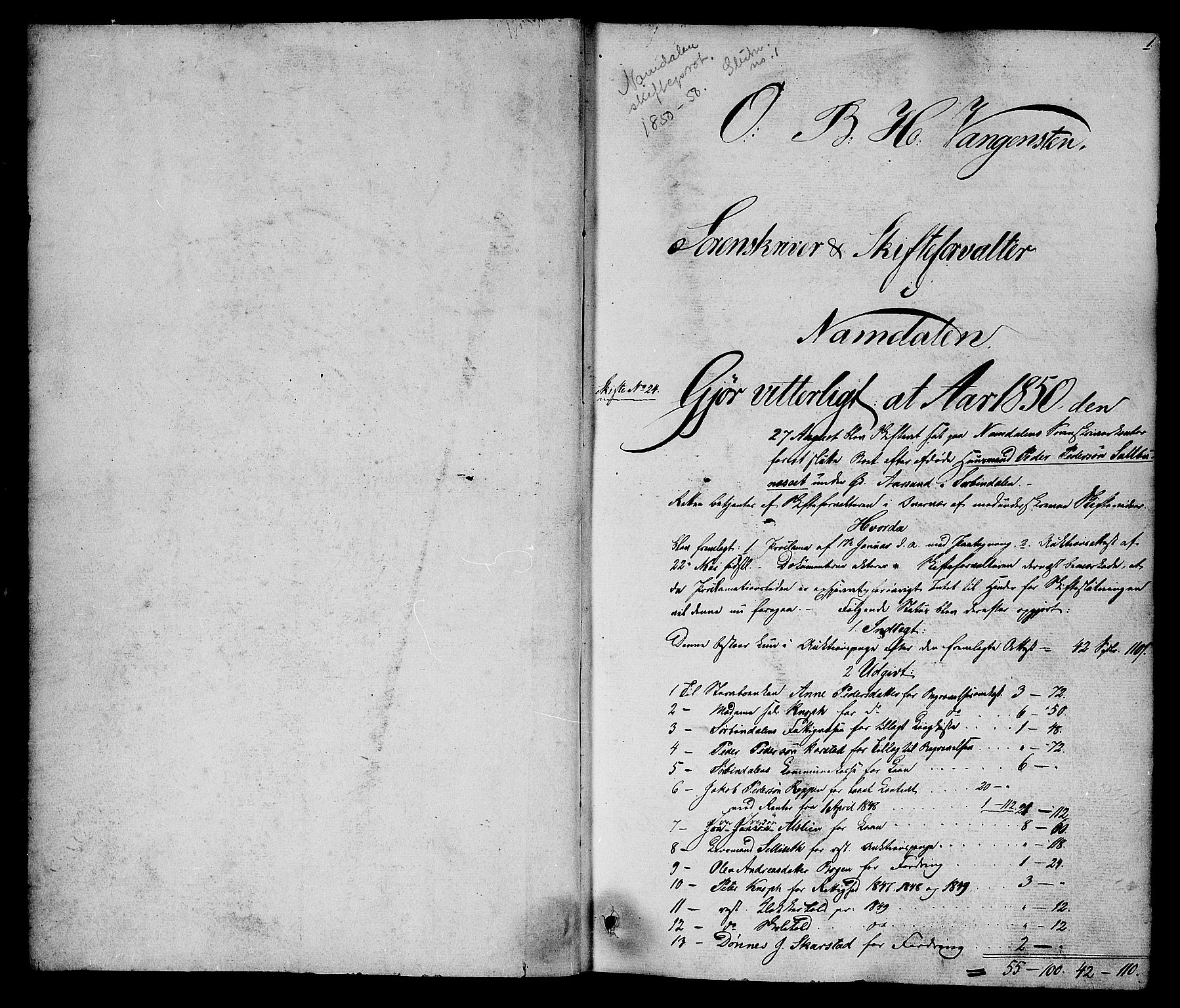 Namdal sorenskriveri, AV/SAT-A-4133/1/3/3A/L0043: Skifteprotokoll nr. 5, 1850-1858, p. 1