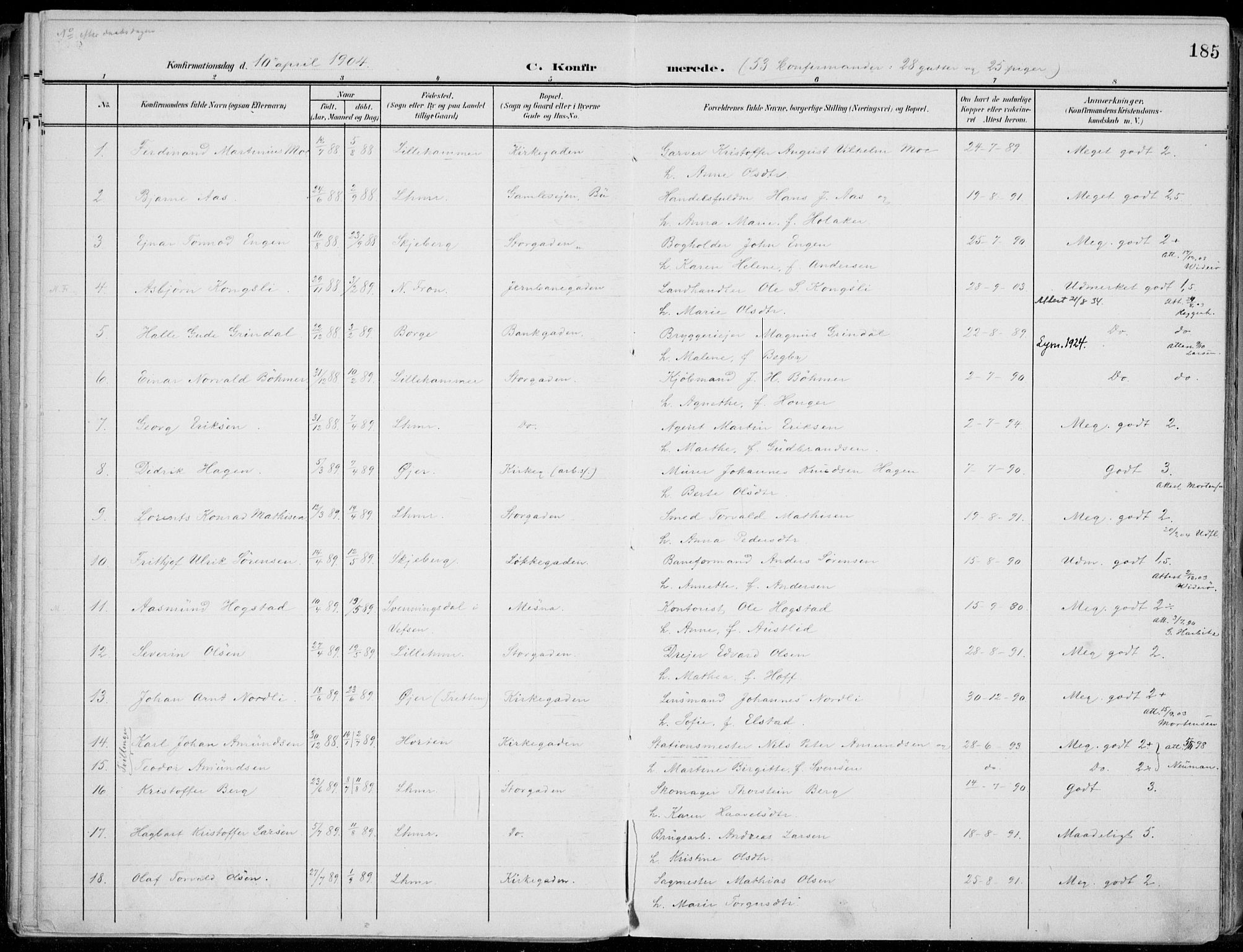 Lillehammer prestekontor, SAH/PREST-088/H/Ha/Haa/L0001: Parish register (official) no. 1, 1901-1916, p. 185