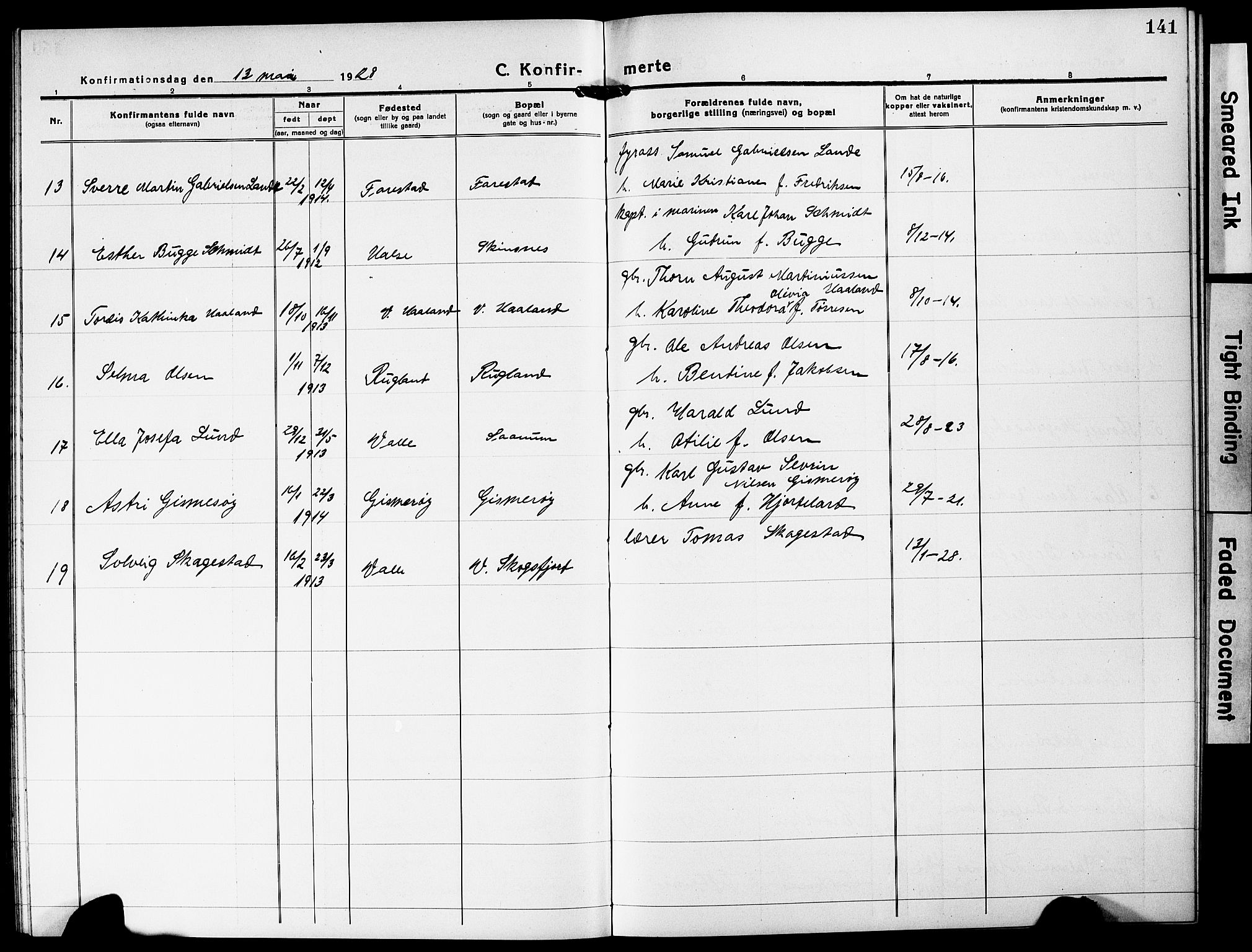 Mandal sokneprestkontor, SAK/1111-0030/F/Fb/Fba/L0013: Parish register (copy) no. B 7, 1918-1931, p. 141