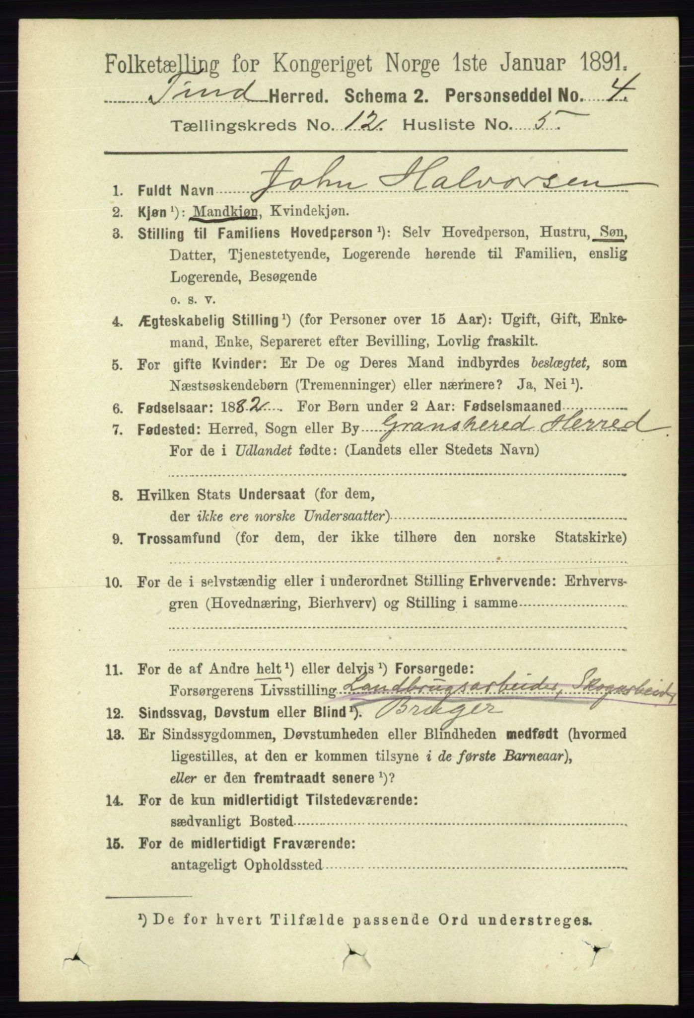 RA, 1891 census for 0826 Tinn, 1891, p. 2346
