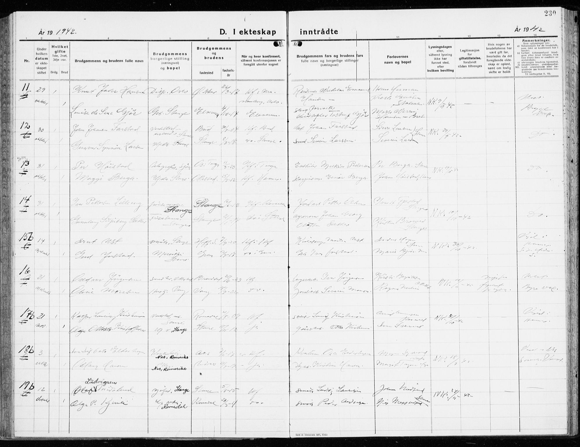 Stange prestekontor, AV/SAH-PREST-002/K/L0027: Parish register (official) no. 27, 1937-1947, p. 230