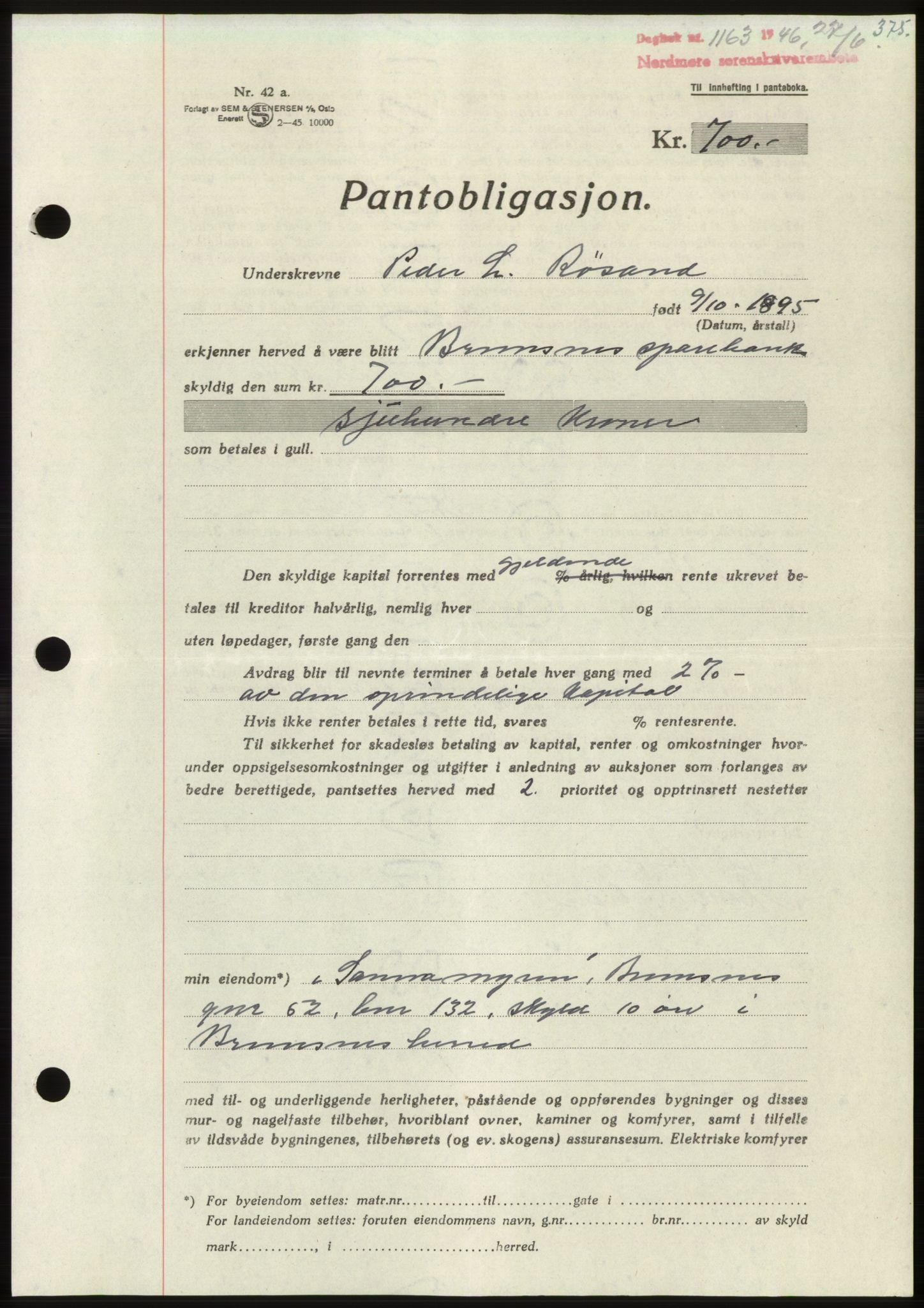 Nordmøre sorenskriveri, AV/SAT-A-4132/1/2/2Ca: Mortgage book no. B94, 1946-1946, Diary no: : 1163/1946