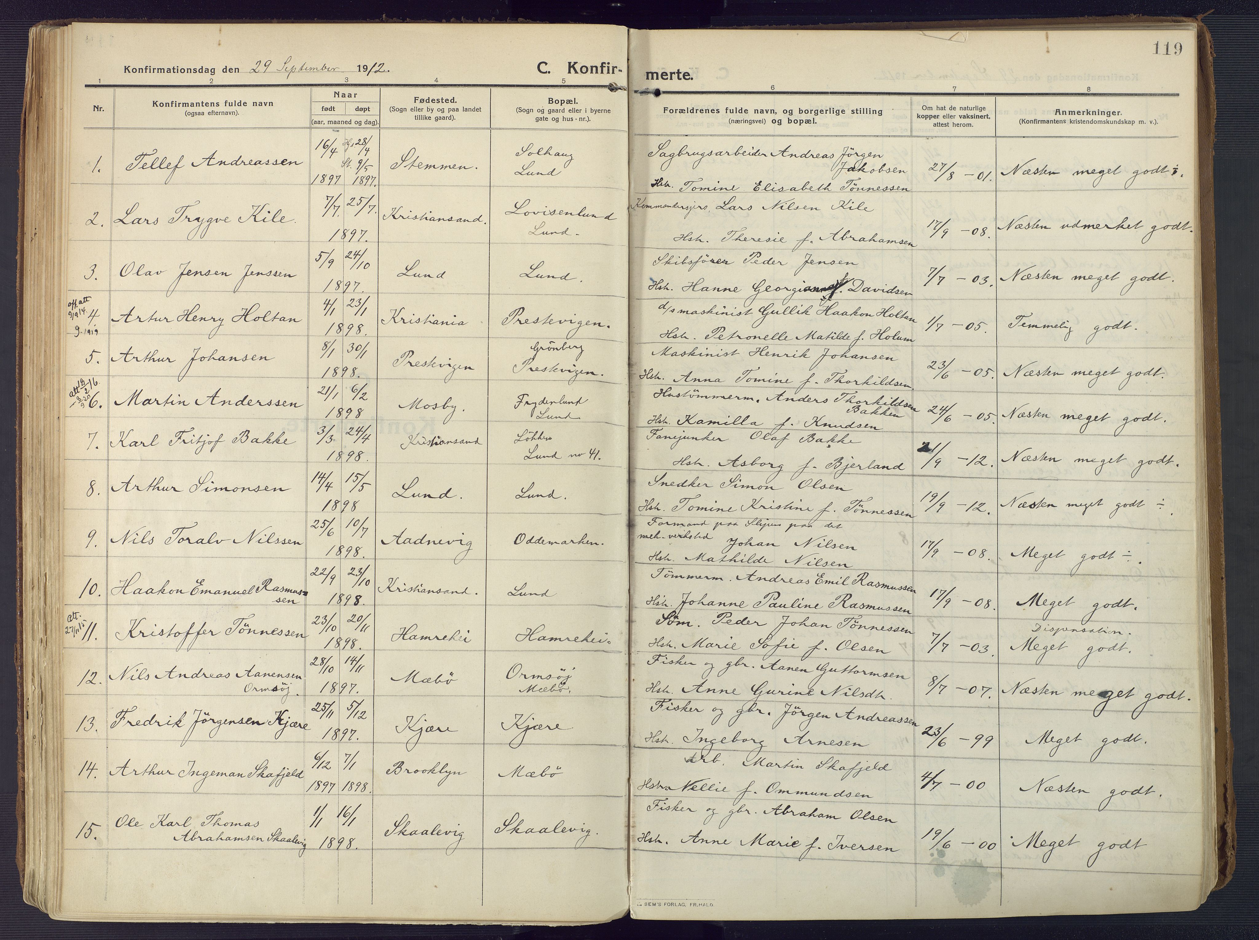 Oddernes sokneprestkontor, AV/SAK-1111-0033/F/Fa/Faa/L0012: Parish register (official) no. A 12, 1912-1925, p. 119