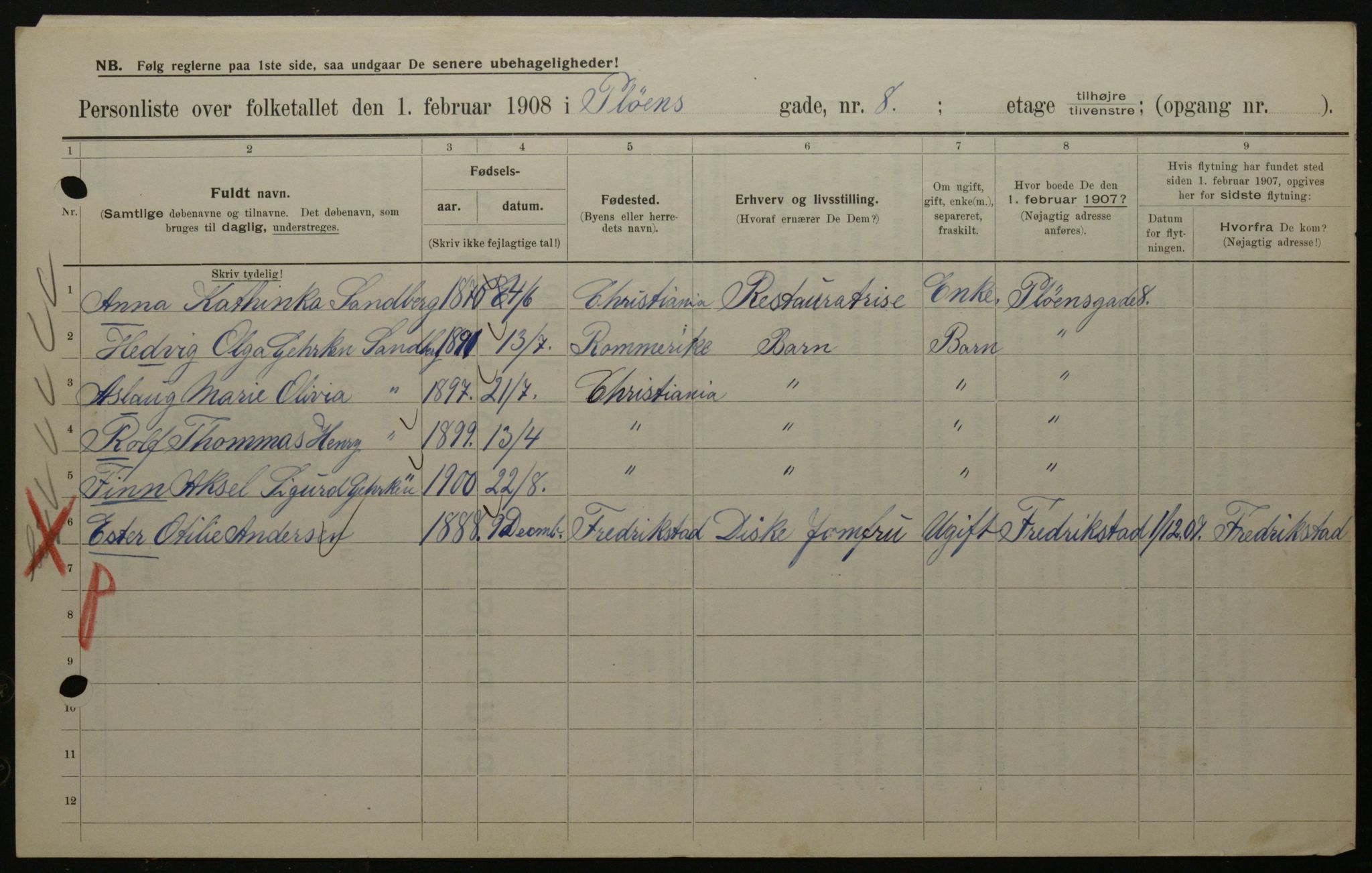 OBA, Municipal Census 1908 for Kristiania, 1908, p. 72582