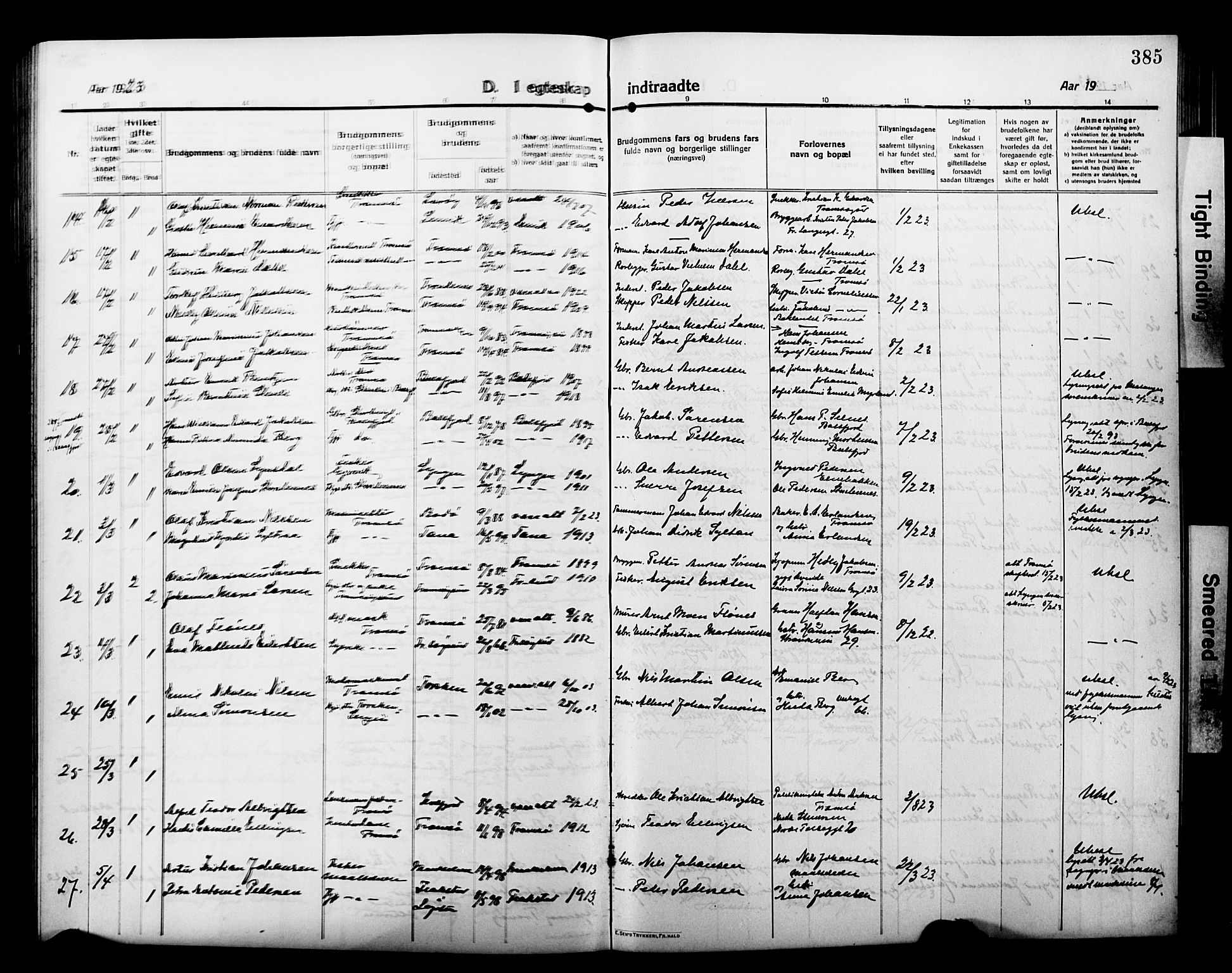 Tromsø sokneprestkontor/stiftsprosti/domprosti, AV/SATØ-S-1343/G/Gb/L0009klokker: Parish register (copy) no. 9, 1915-1925, p. 385