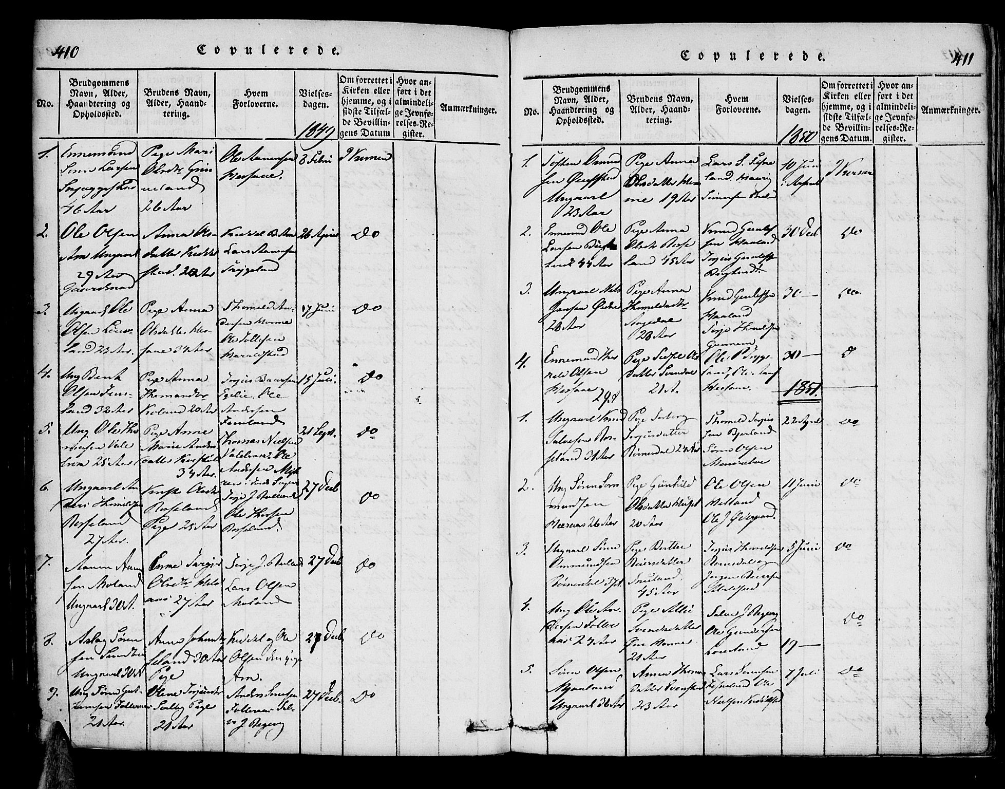 Bjelland sokneprestkontor, SAK/1111-0005/F/Fa/Faa/L0002: Parish register (official) no. A 2, 1816-1866, p. 410-411
