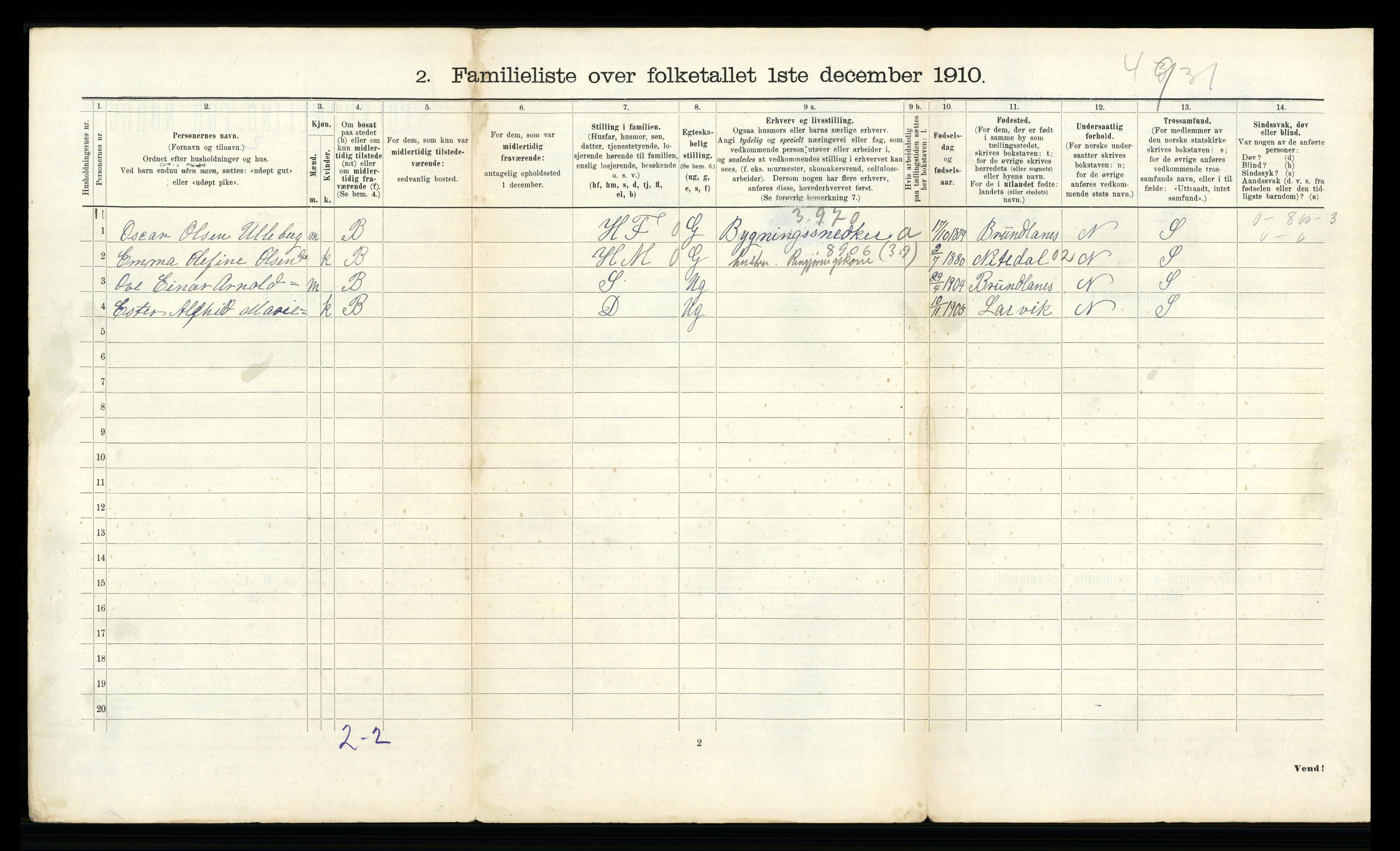 RA, 1910 census for Larvik, 1910, p. 1598