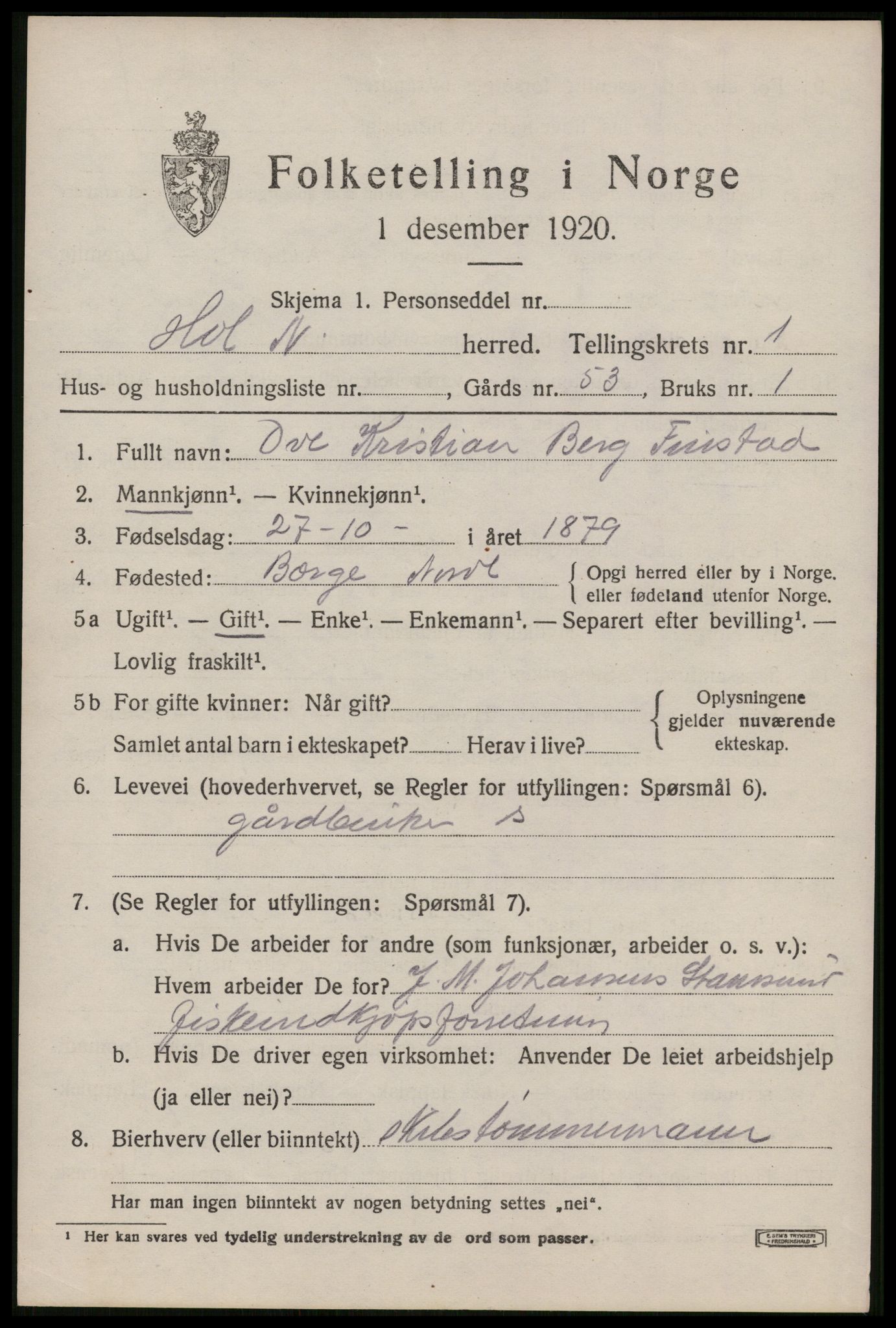 SAT, 1920 census for Hol, 1920, p. 2123