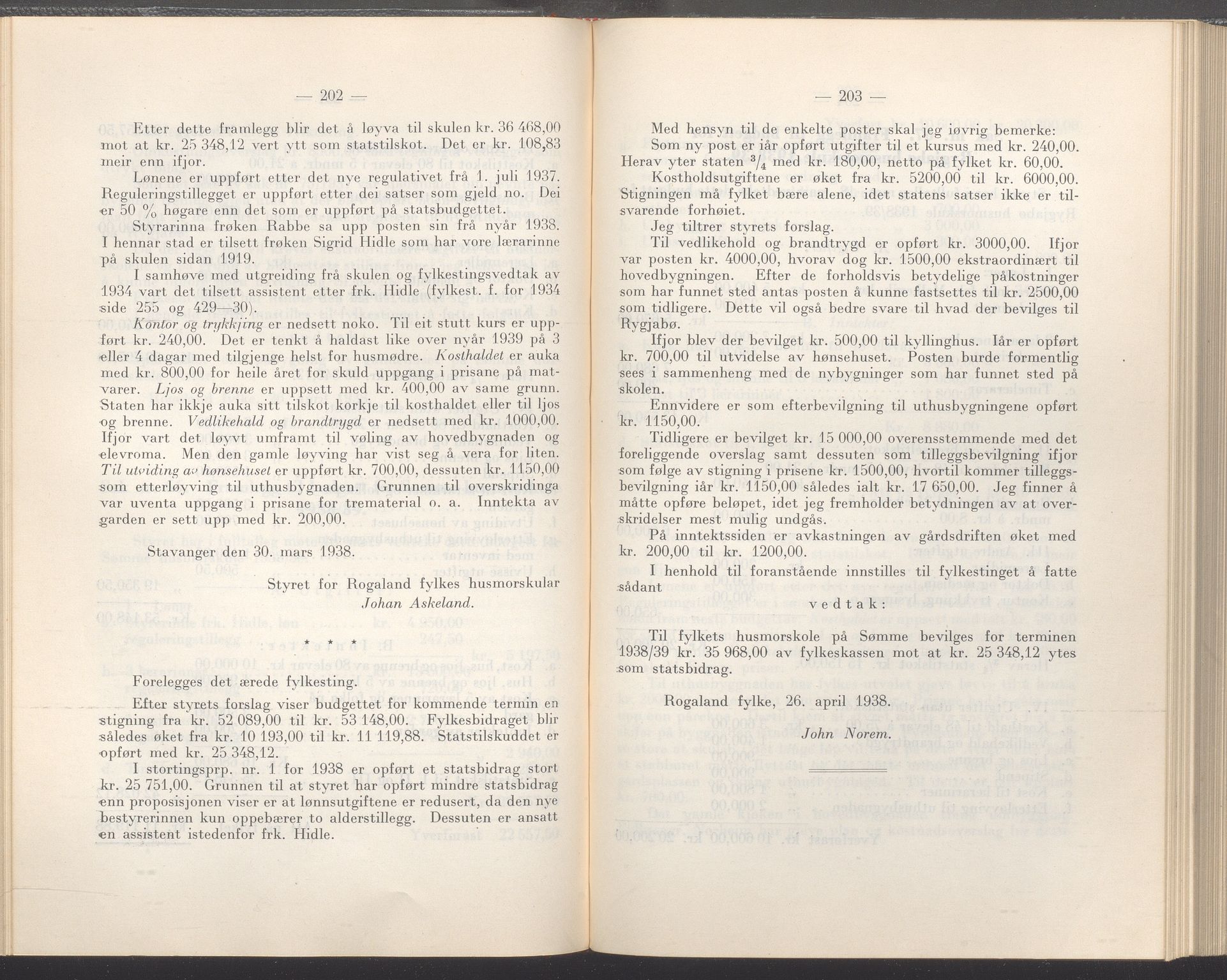 Rogaland fylkeskommune - Fylkesrådmannen , IKAR/A-900/A/Aa/Aaa/L0057: Møtebok , 1938, p. 202-203